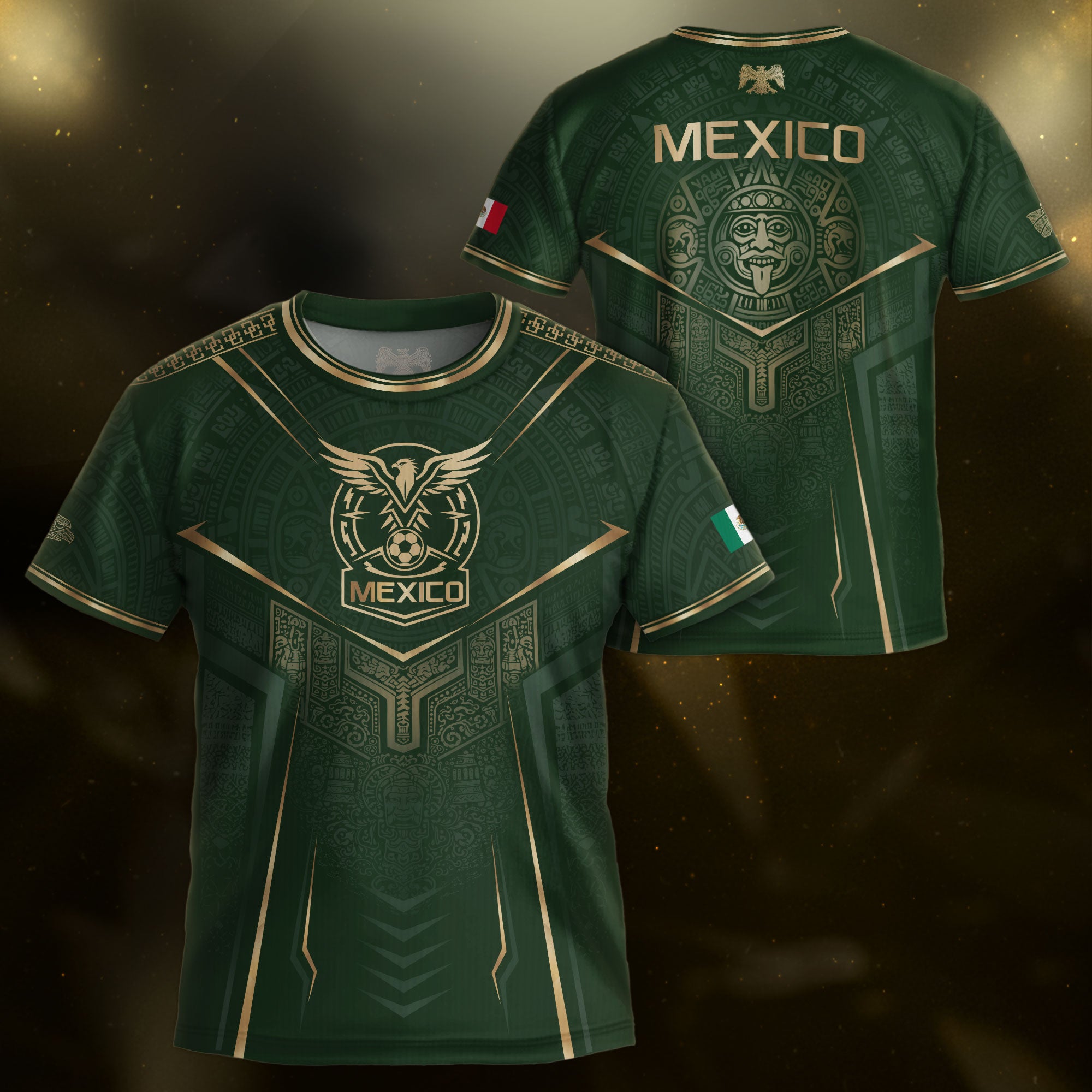 Mexico Soccer Jersey Youth Green Gold Eagle Shield Warrior Culture Print Football Shirt