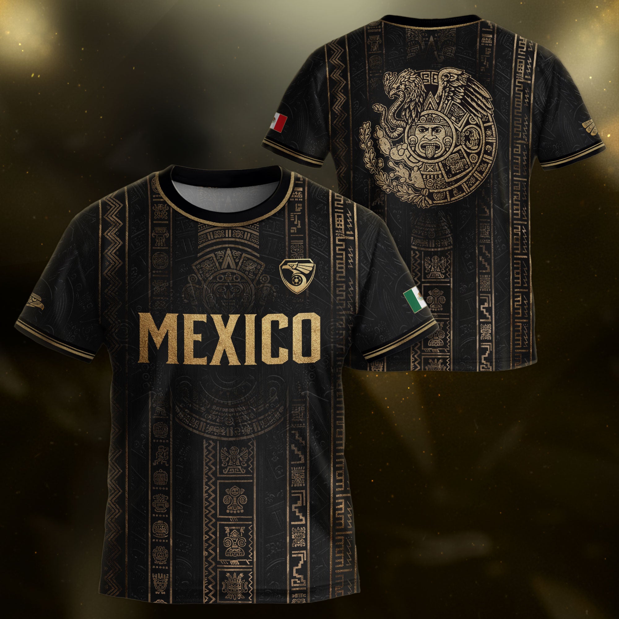 Mexico Soccer Jersey Youth Black Aztec Calendar Sun Stone Heritage Football Shirt Set
