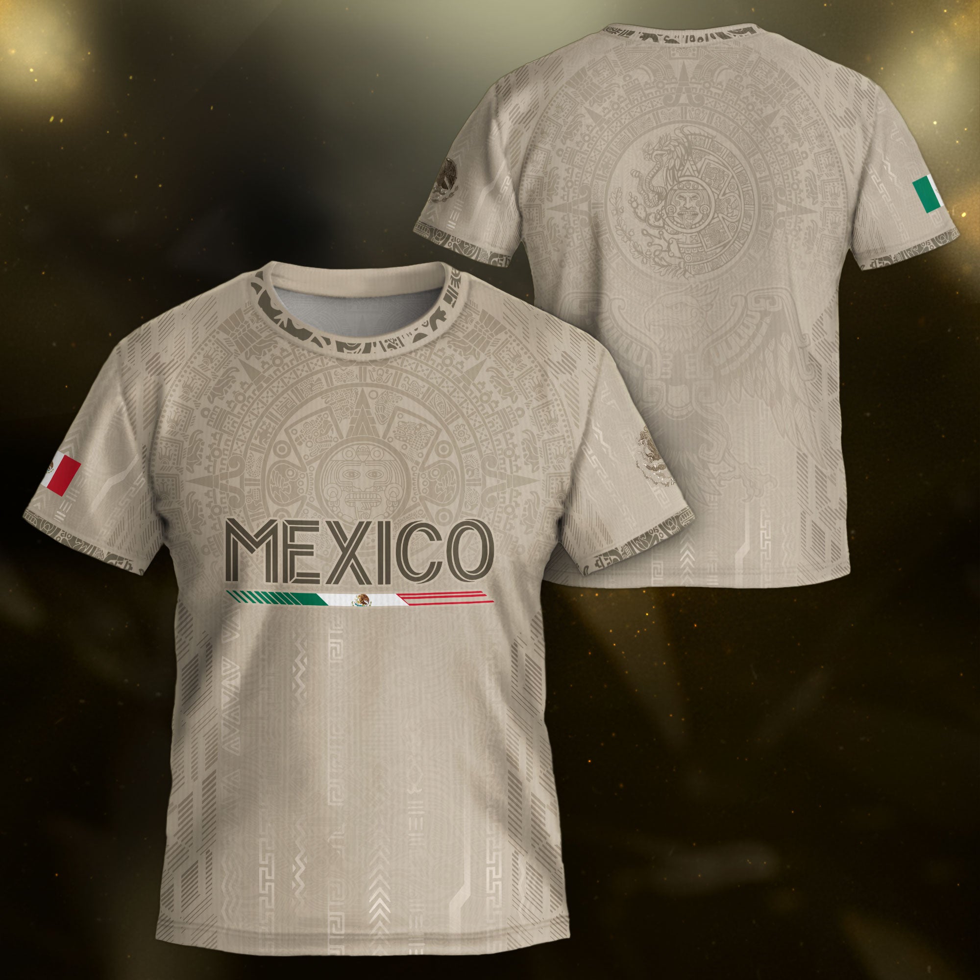 Mexico Soccer Jersey Kid Youth Aztec Calendar Beige Football Shirt Set