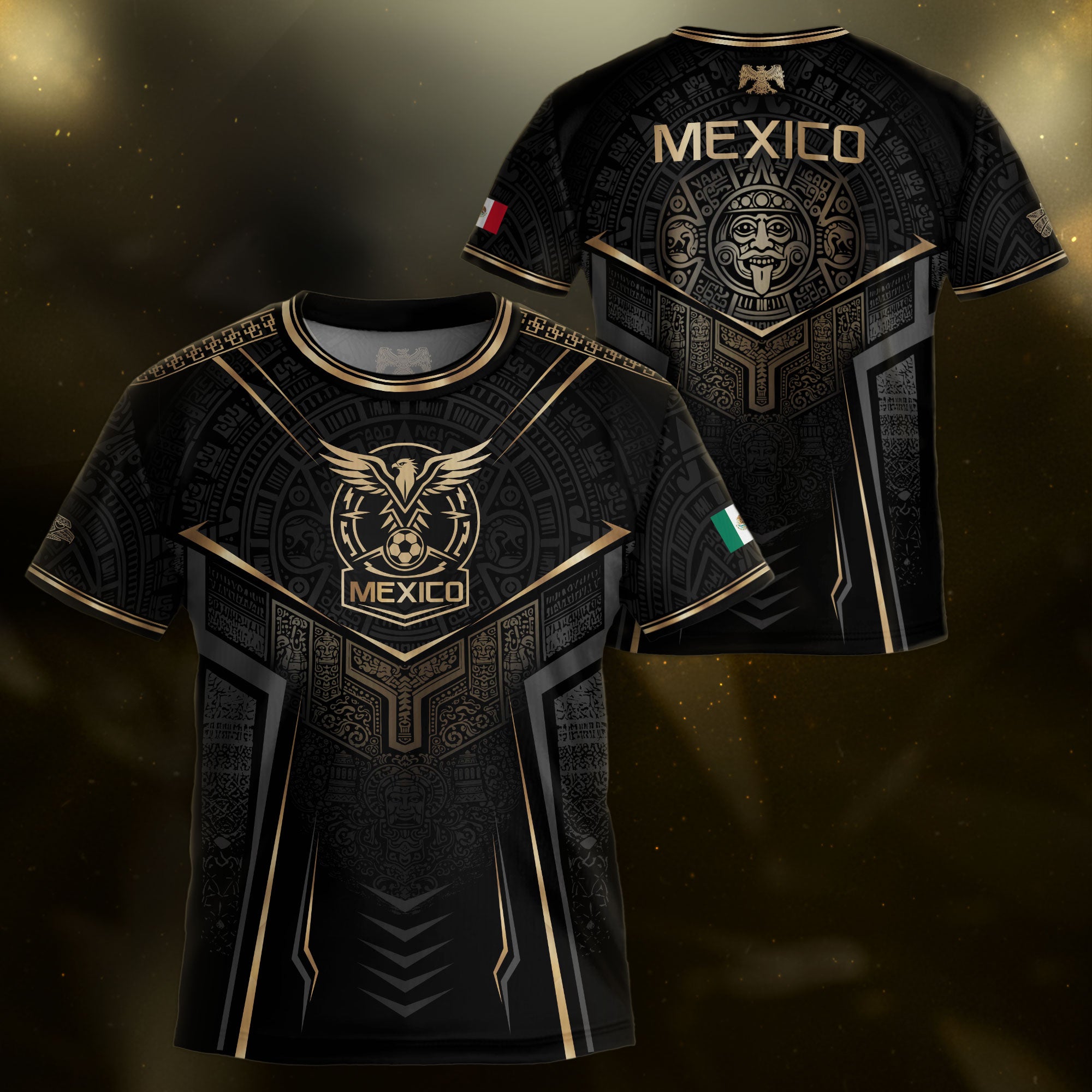 Mexico Youth Soccer Jersey Set Aztec Graphic Kids Football Uniform Black Gold Sportswear