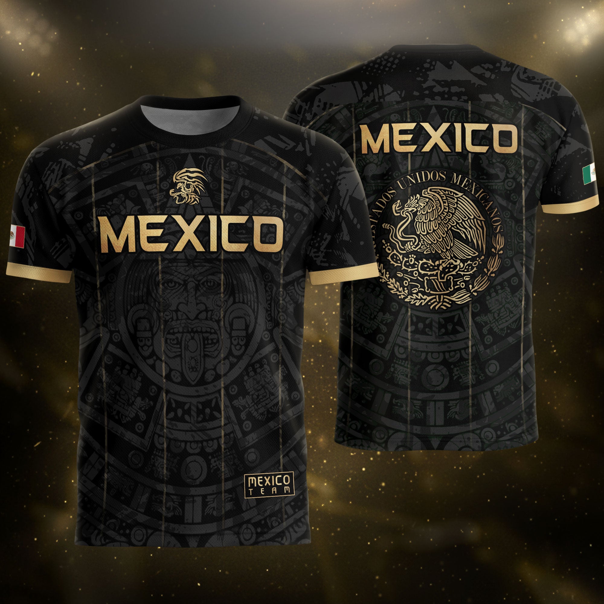 Men's Black Mexico Aztec Calendar Graphic T-Shirt – Gold Mexico Eagle Heritage Print Tee