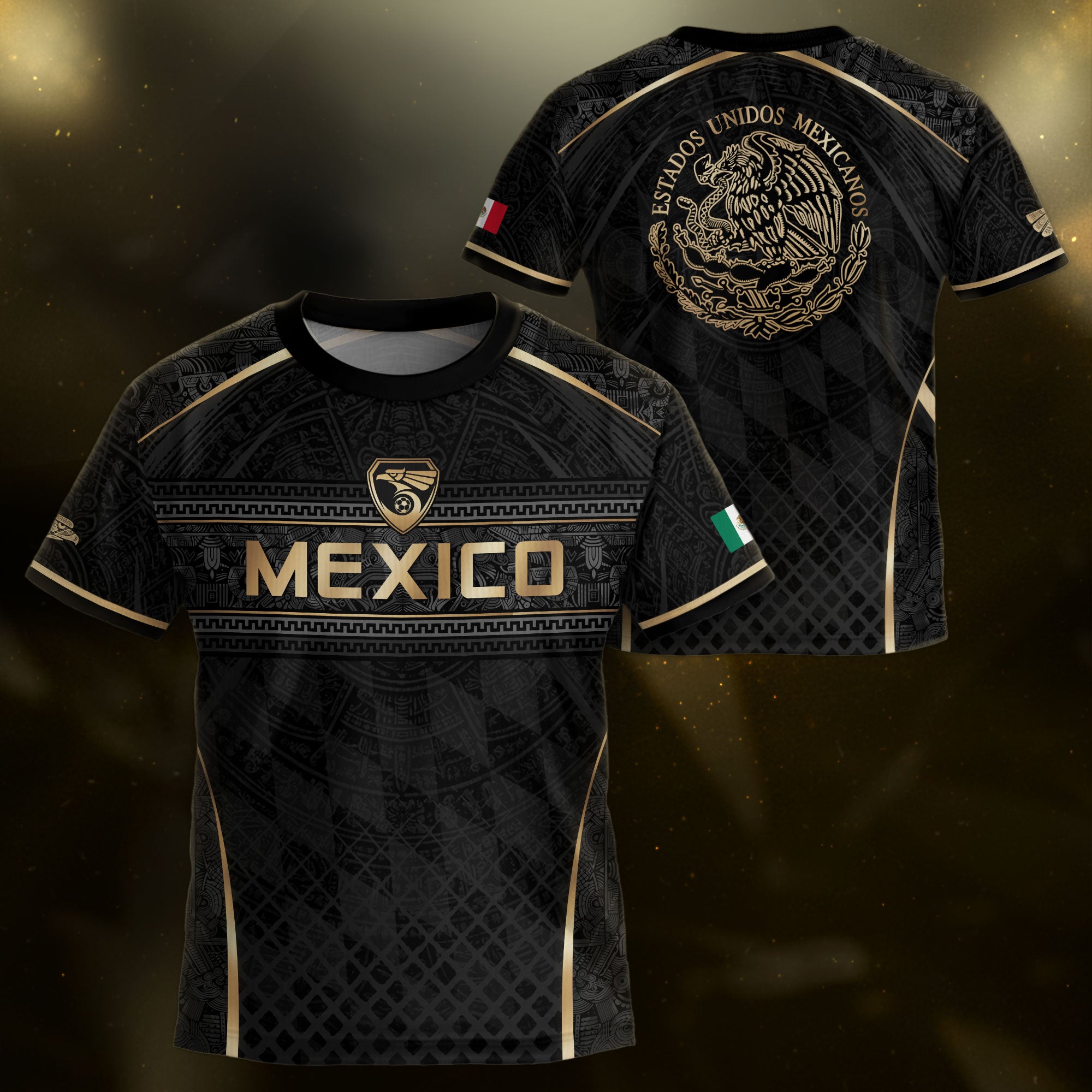 Aztec Inspired Black Gold Football Shirt for Youth, Mexico Soccer Jersey Retro Style Wear