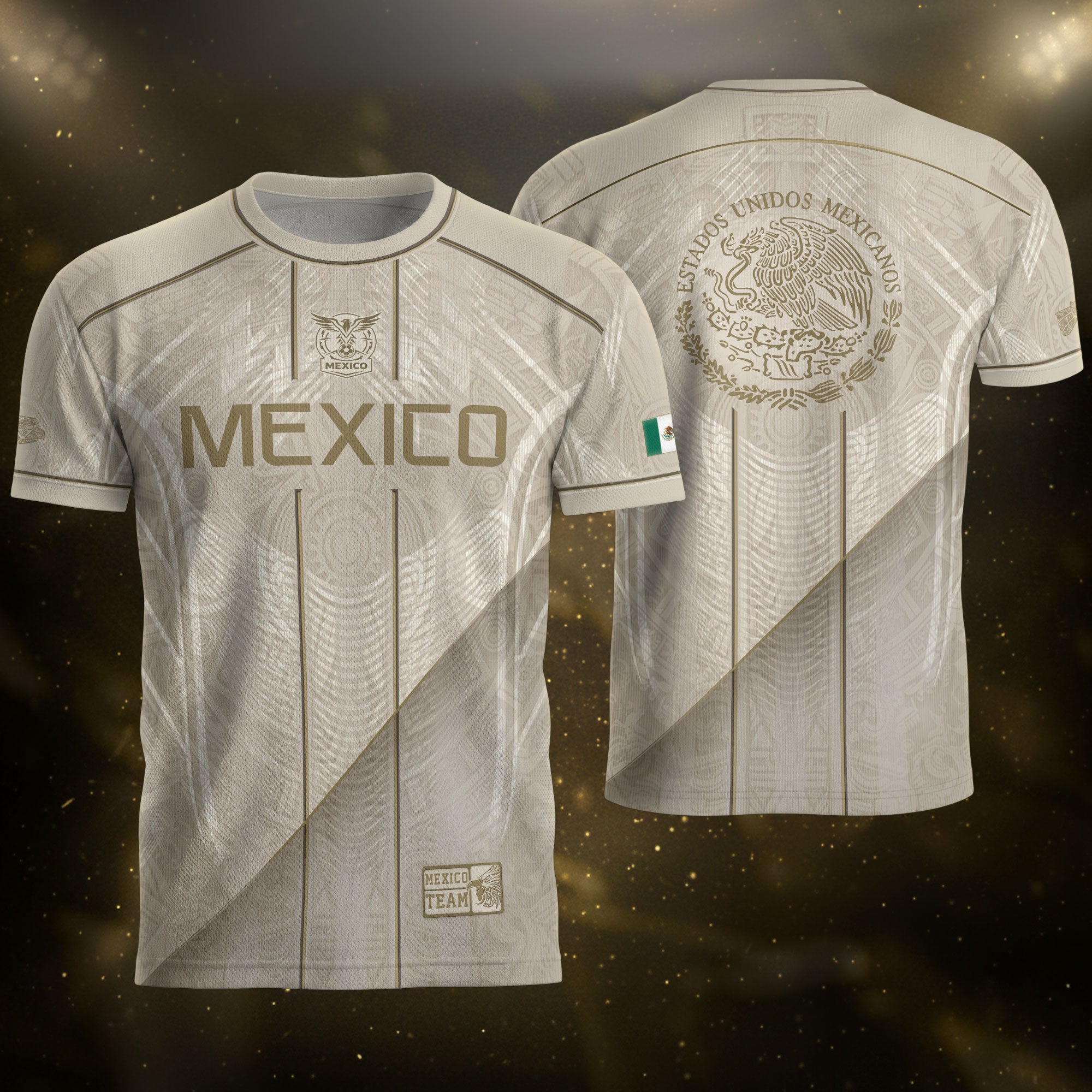 Mexico Soccer Jersey Men Beige Gold Aztec Calendar Mexican Football Shirt