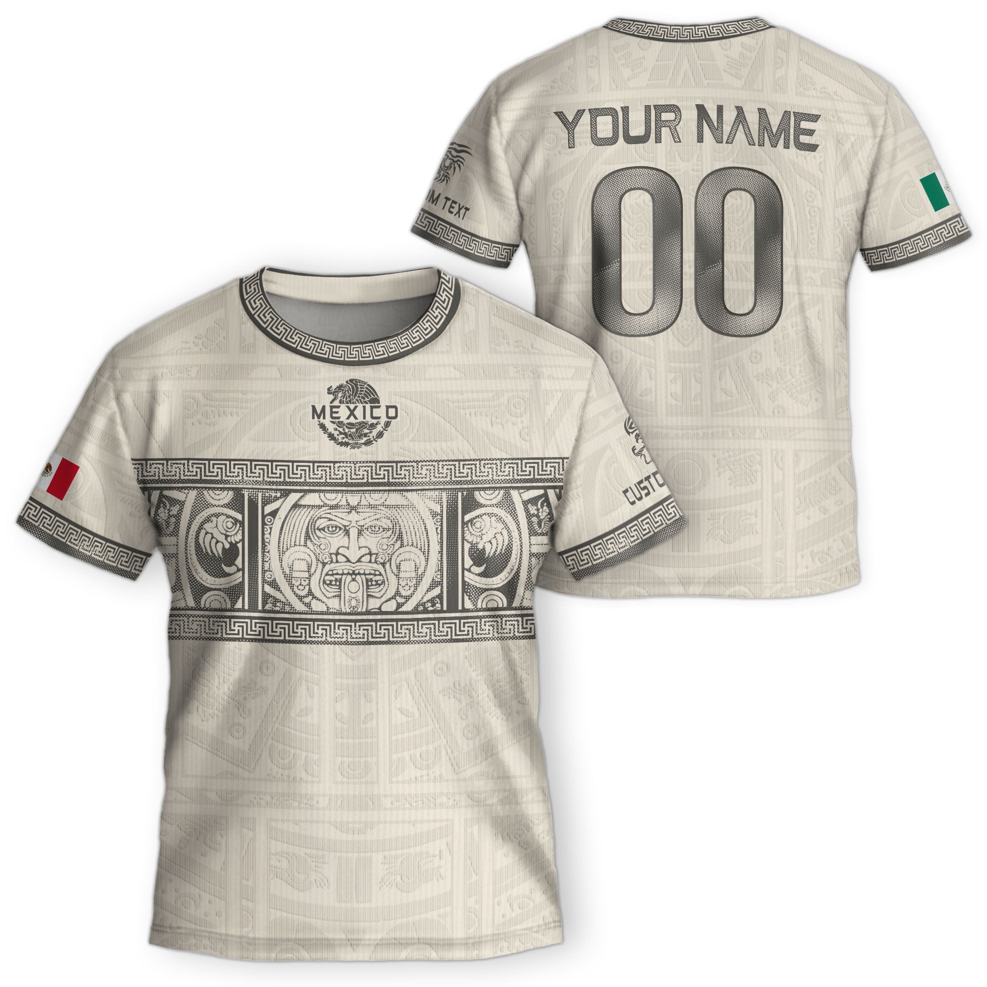 Camiseta de fútbol infantil personalizada de México, diseño beige con calendario azteca.