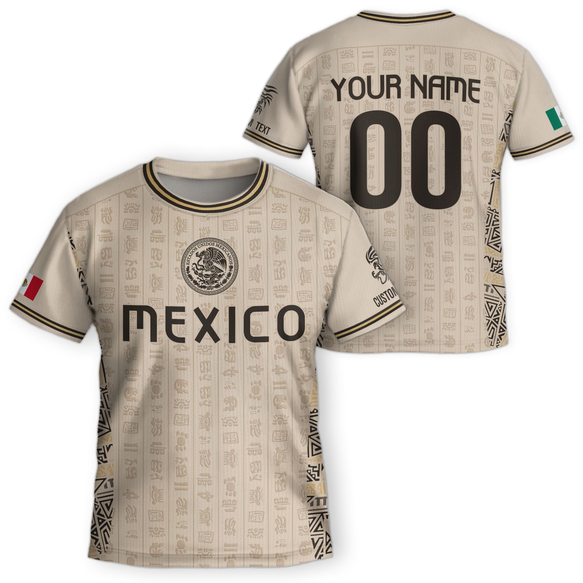 Camiseta de fútbol infantil personalizada de México, diseño beige con calendario azteca.