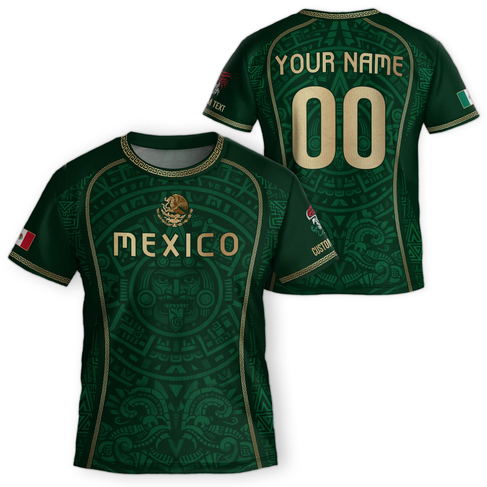 Camiseta de fútbol infantil personalizada de México, diseño beige con calendario azteca.