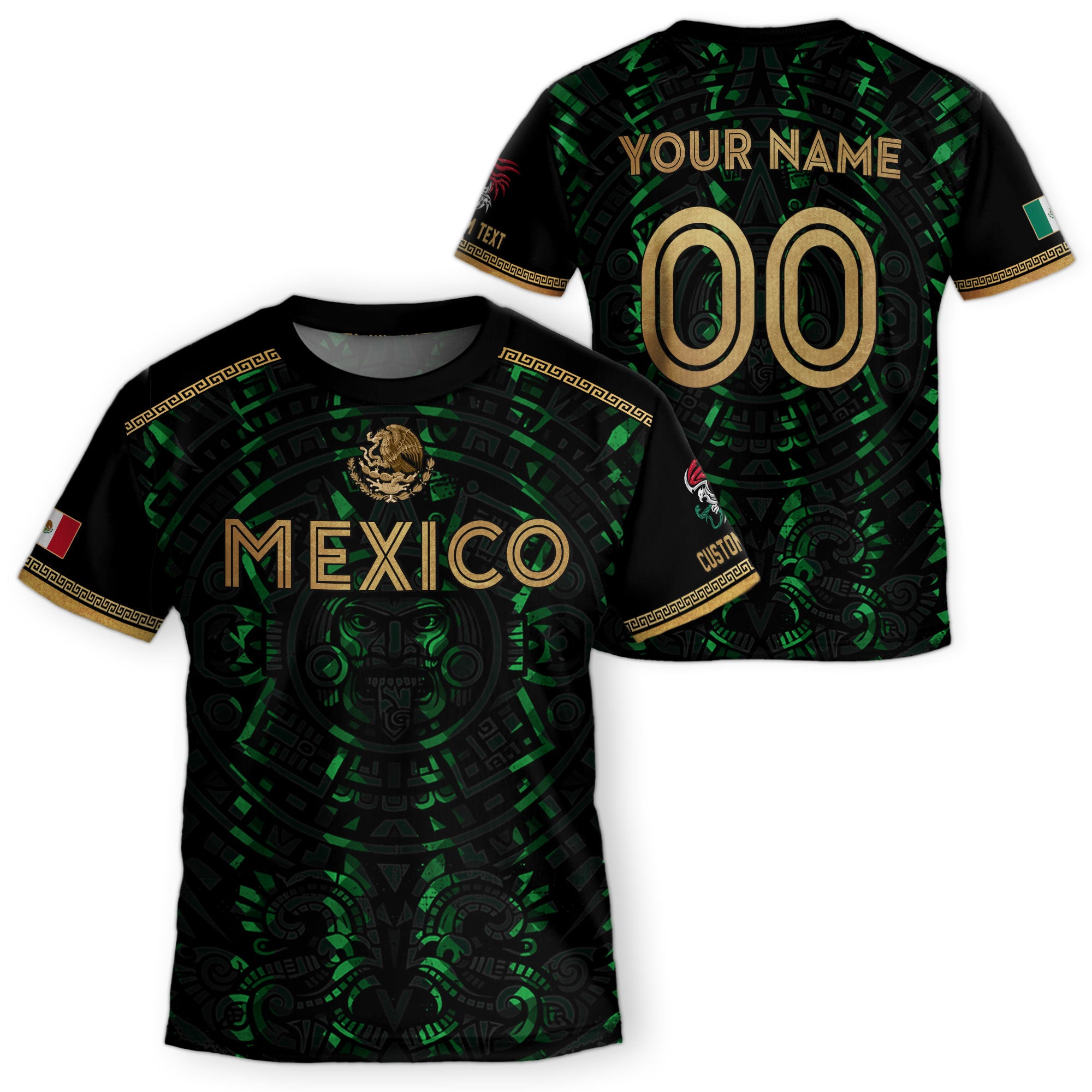 Camiseta de fútbol infantil personalizada de México, diseño beige con calendario azteca.