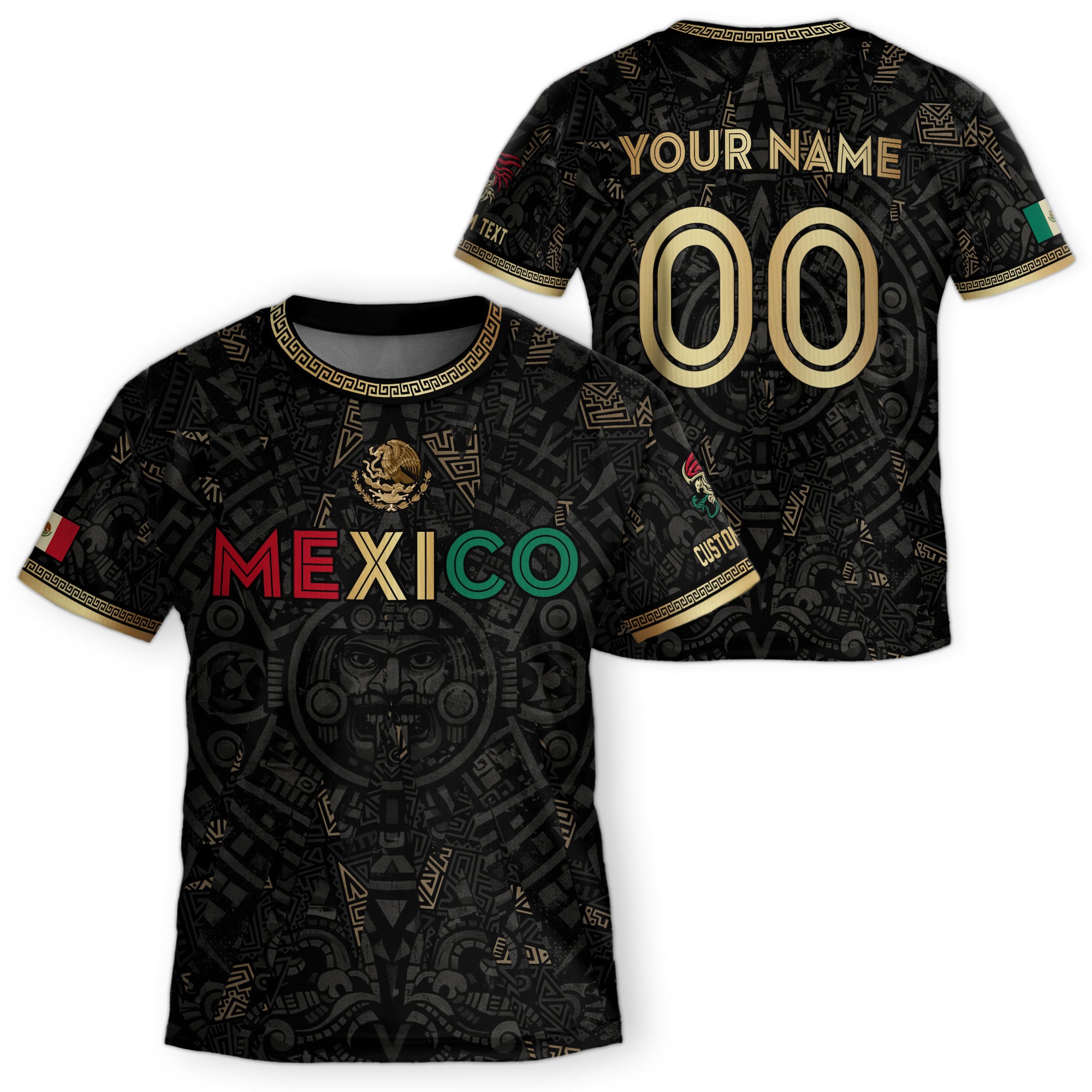 Camiseta de fútbol infantil personalizada de México, diseño beige con calendario azteca.