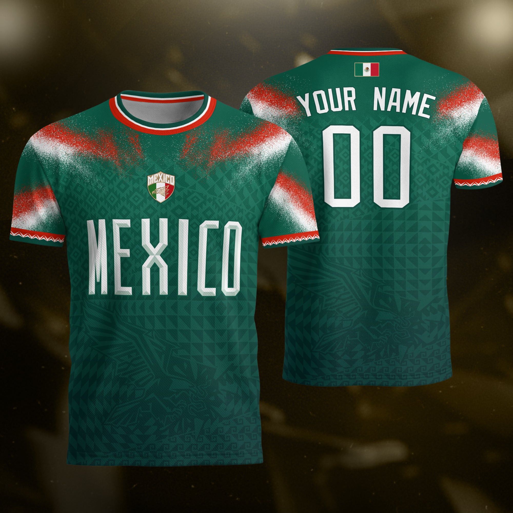 Camiseta de fútbol premium con emblema de águila azteca verde y dorado de México