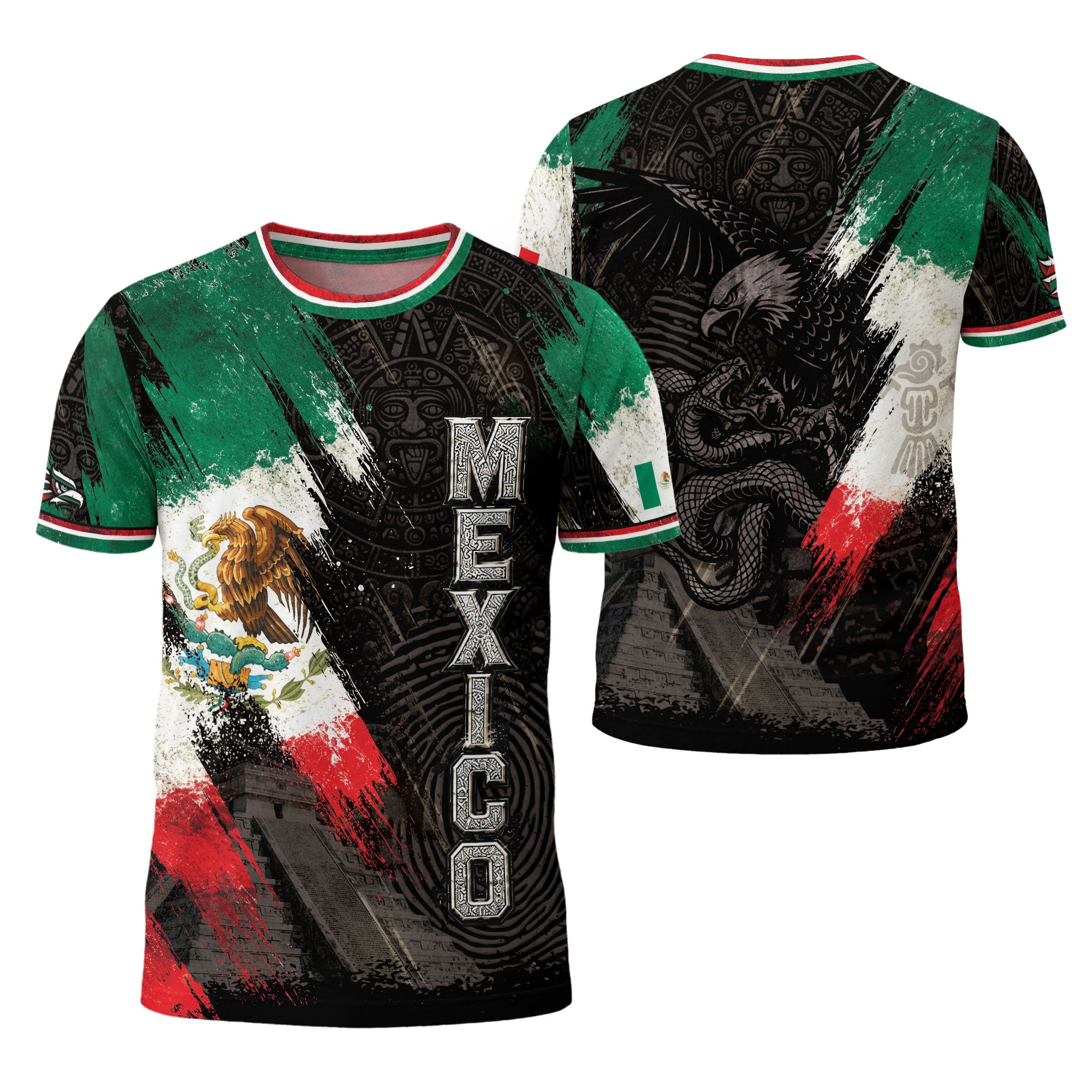 Mexico T-Shirt All Over Print Aztec Eagle Mexican Flag Shirt Men Graphic Tee