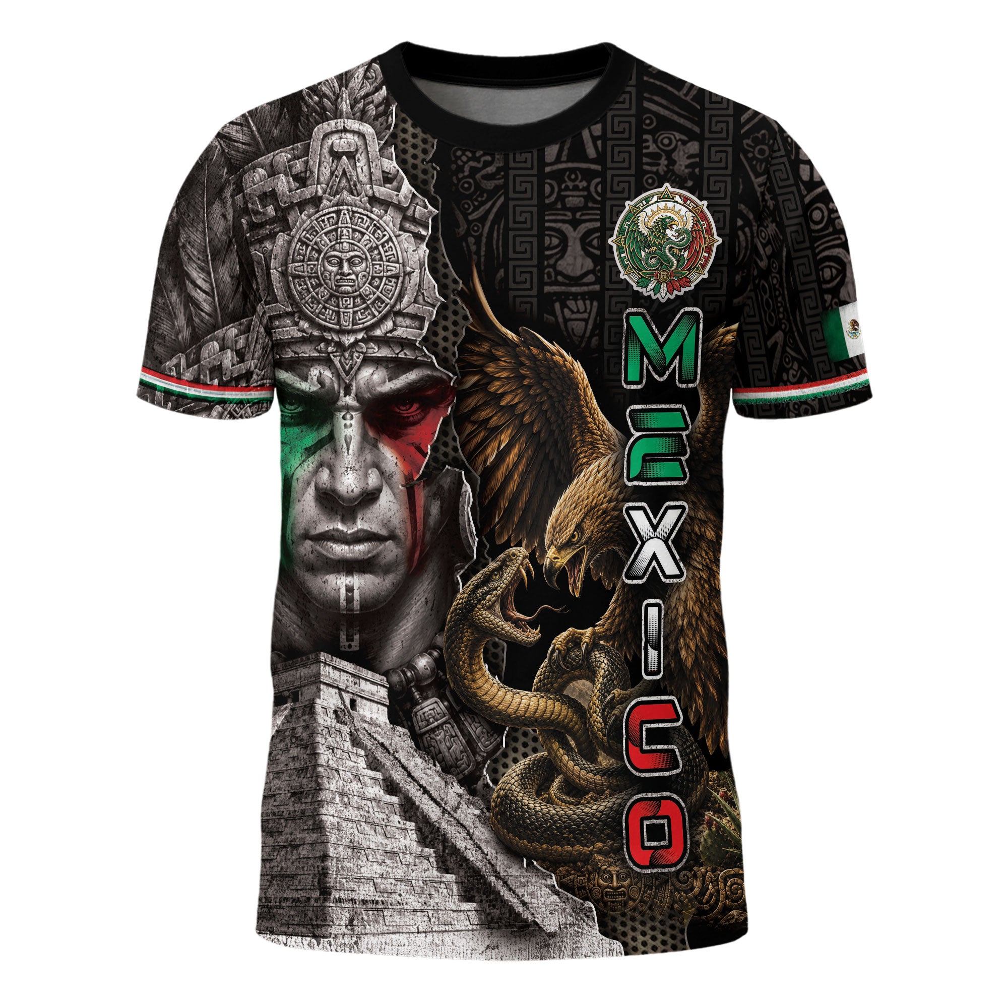 Camiseta con la bandera de México, Guadalupe, herencia floral azteca, legado del orgullo nacional