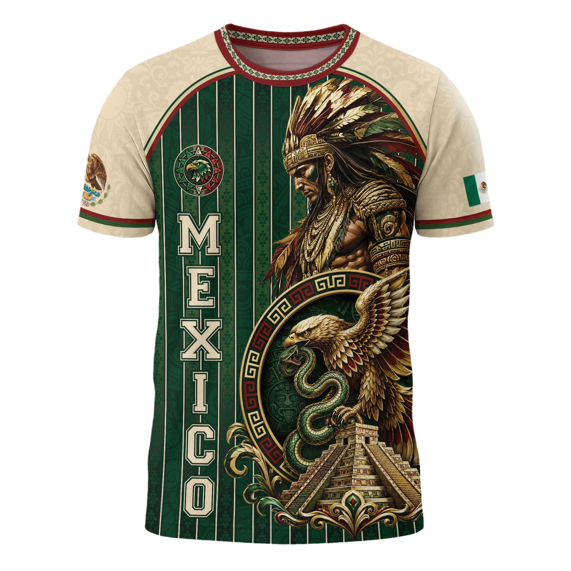 Camiseta con la bandera de México, Guadalupe, herencia floral azteca, legado del orgullo nacional
