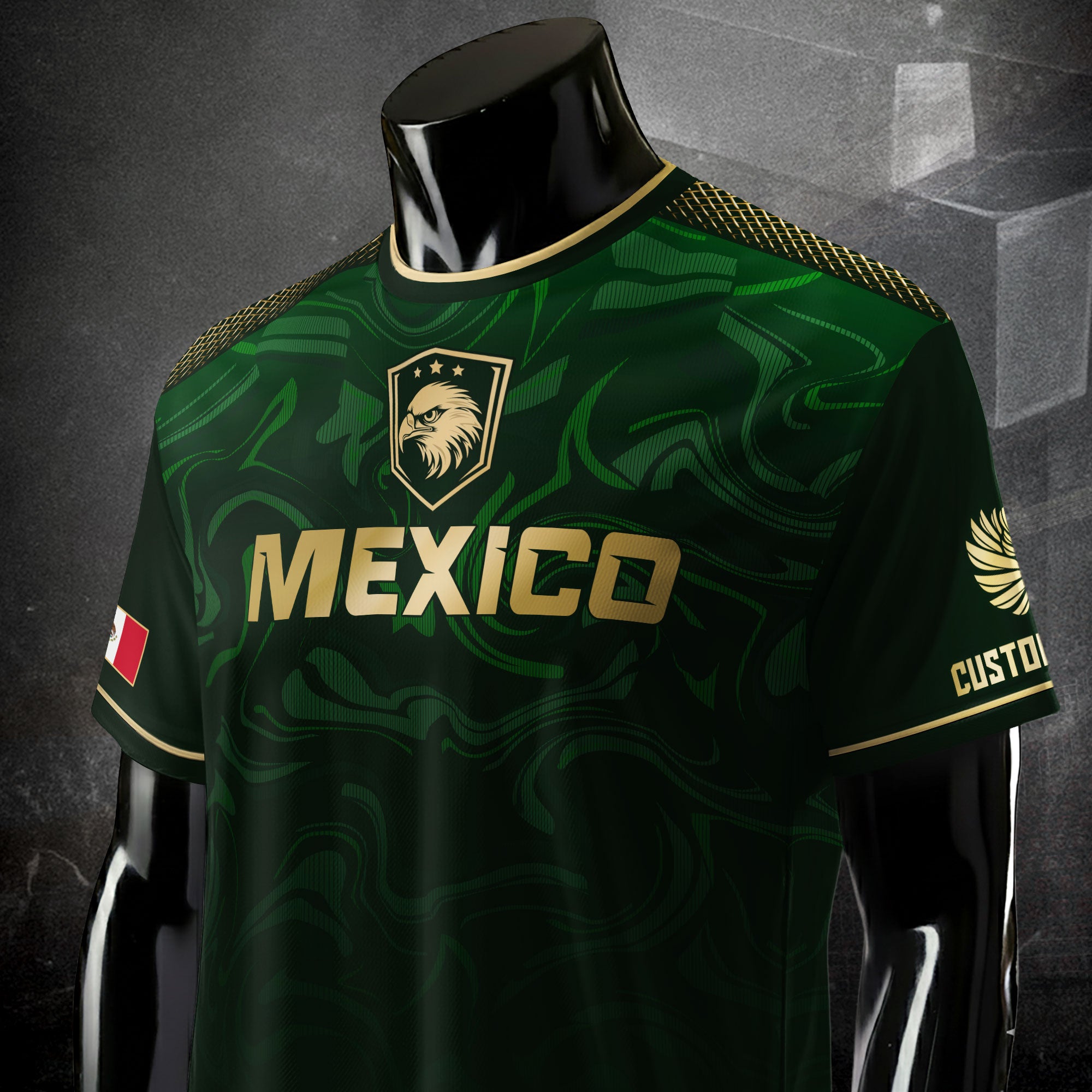 Custom Mexico Green Eagle Soccer Jersey Gold Crest Heritage Edition