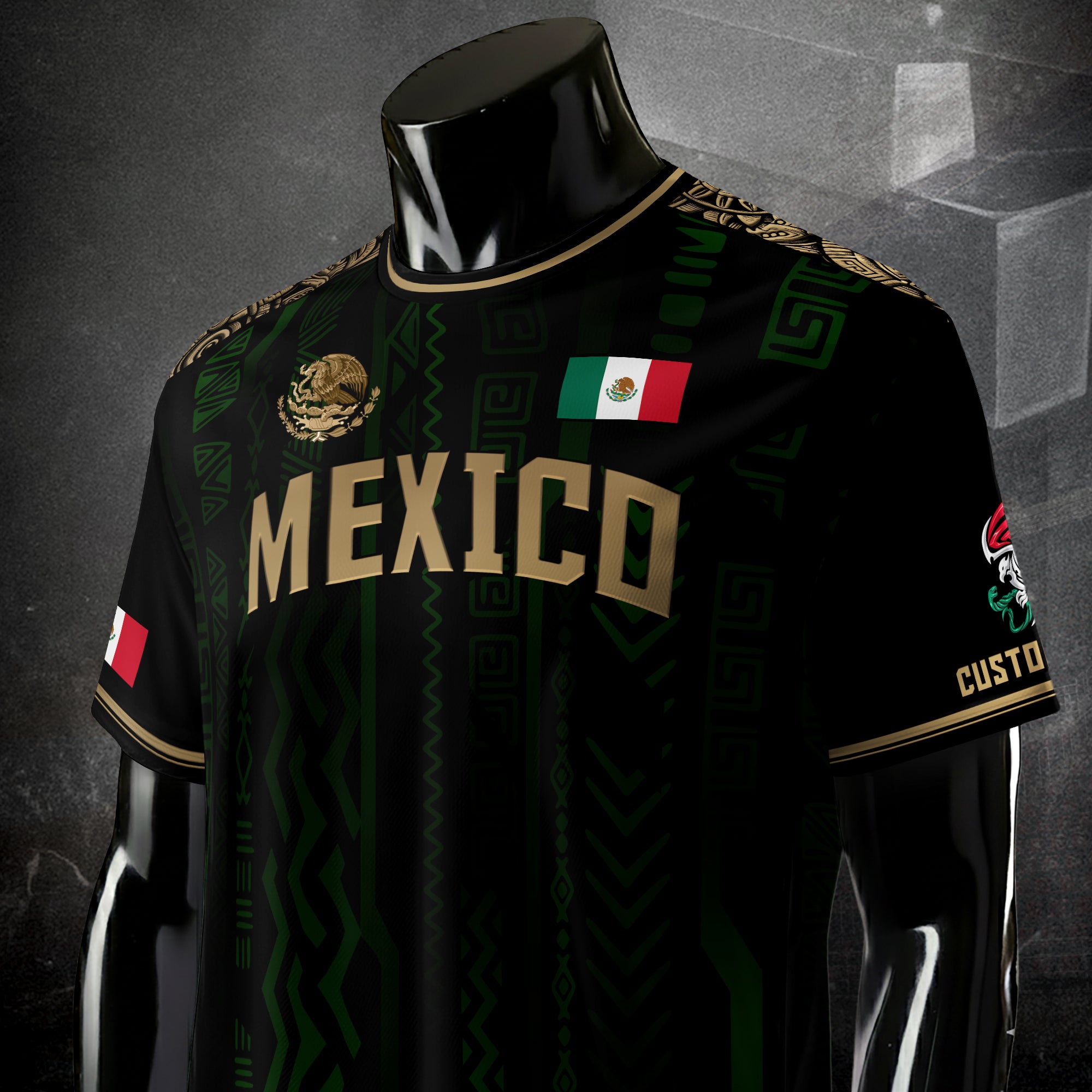Custom Mexico Soccer Jersey Black Gold Aztec Pattern