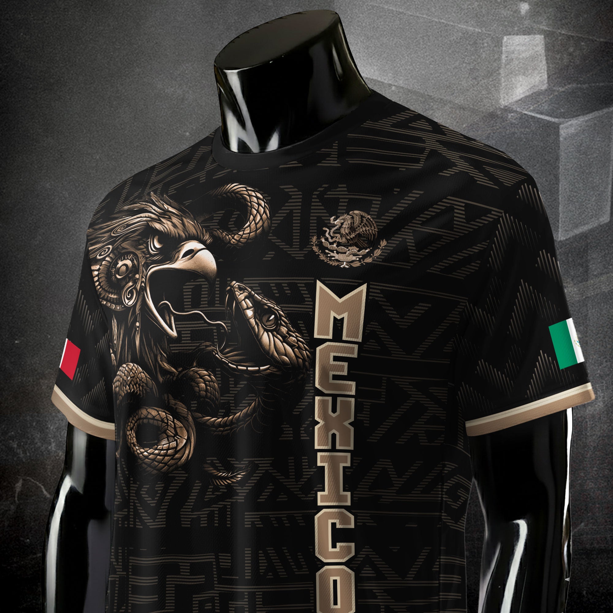 Mexico Soccer Jersey Black Gold Eagle Serpent Design