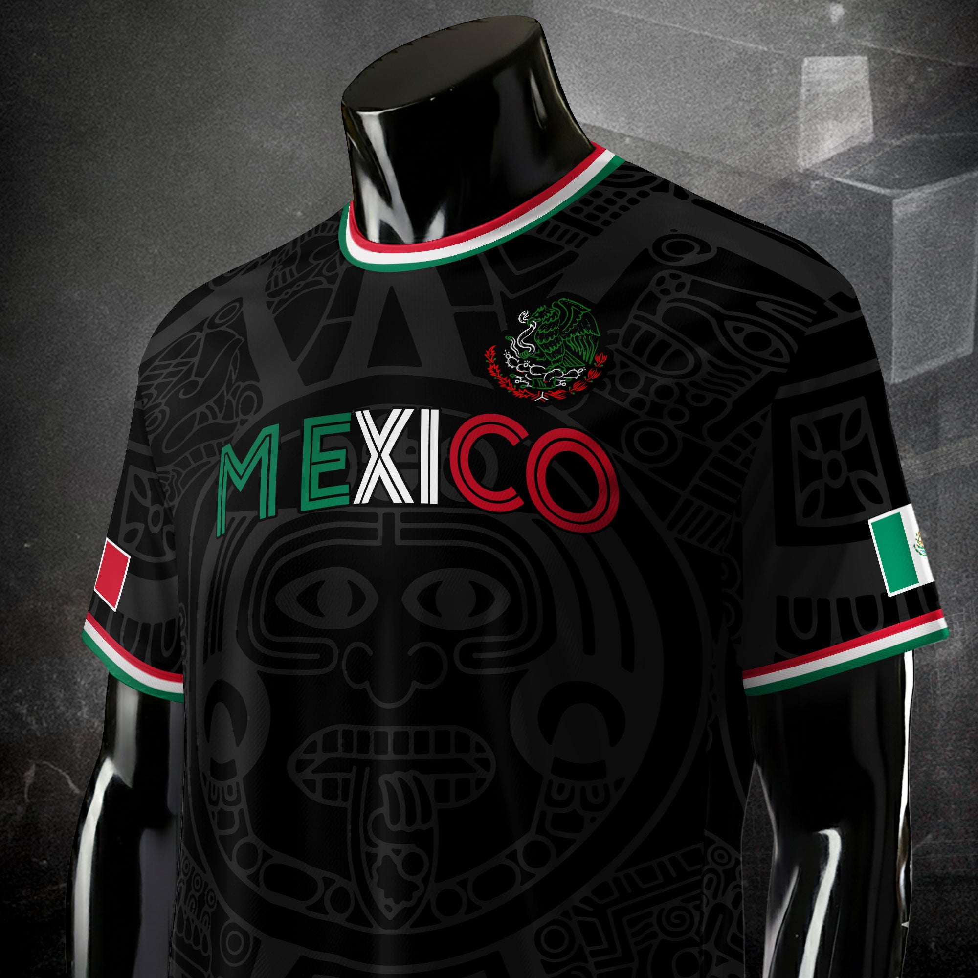 Soccer Jersey Mexico Black Aztec Pattern with Tricolor Accents