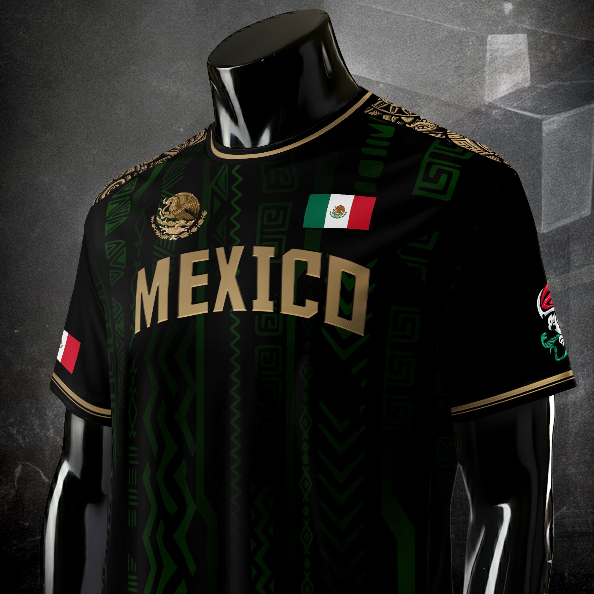 Mexico Soccer Jersey Black & Gold Aztec Design