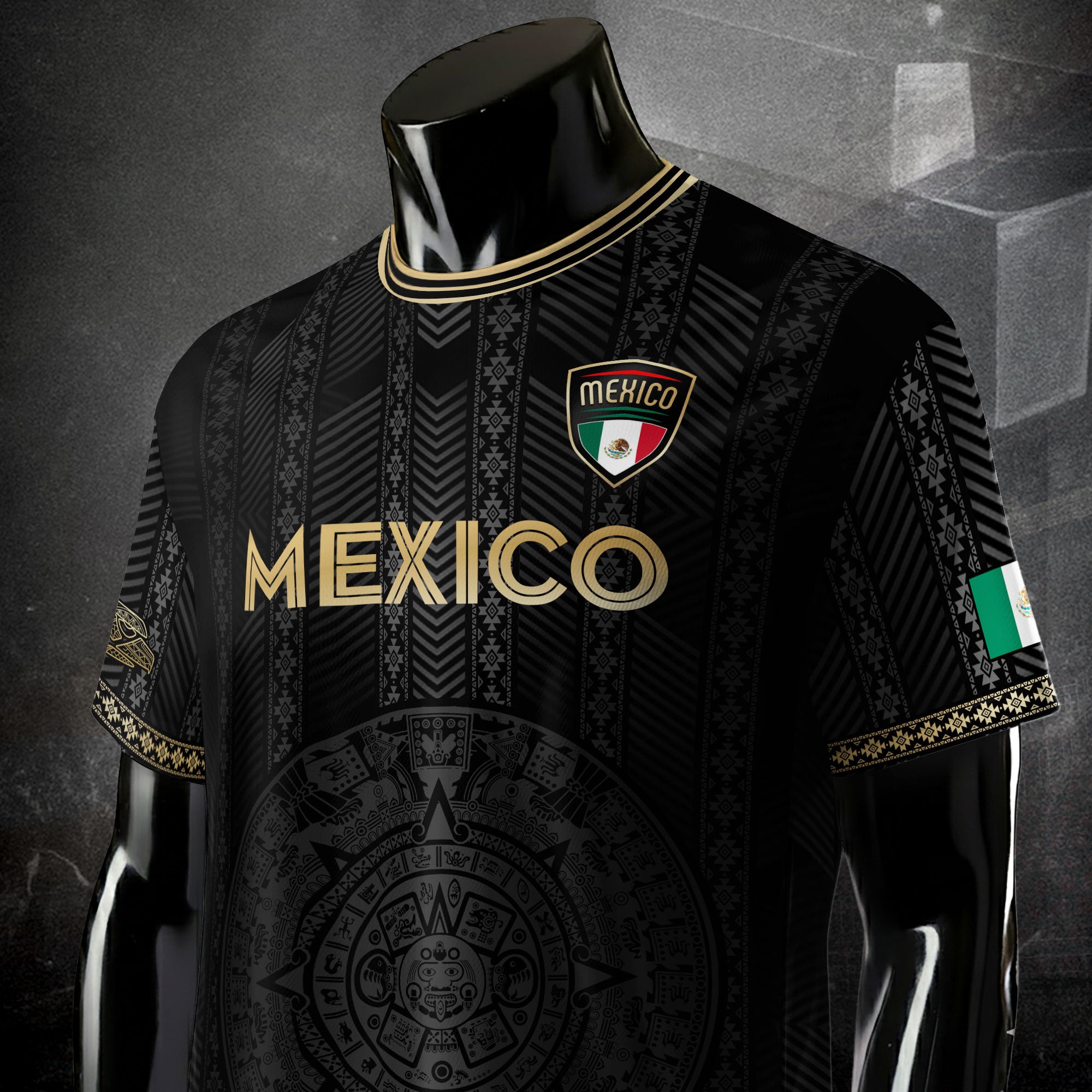 Mexico Soccer Jersey Black Gold Aztec Calendar Design
