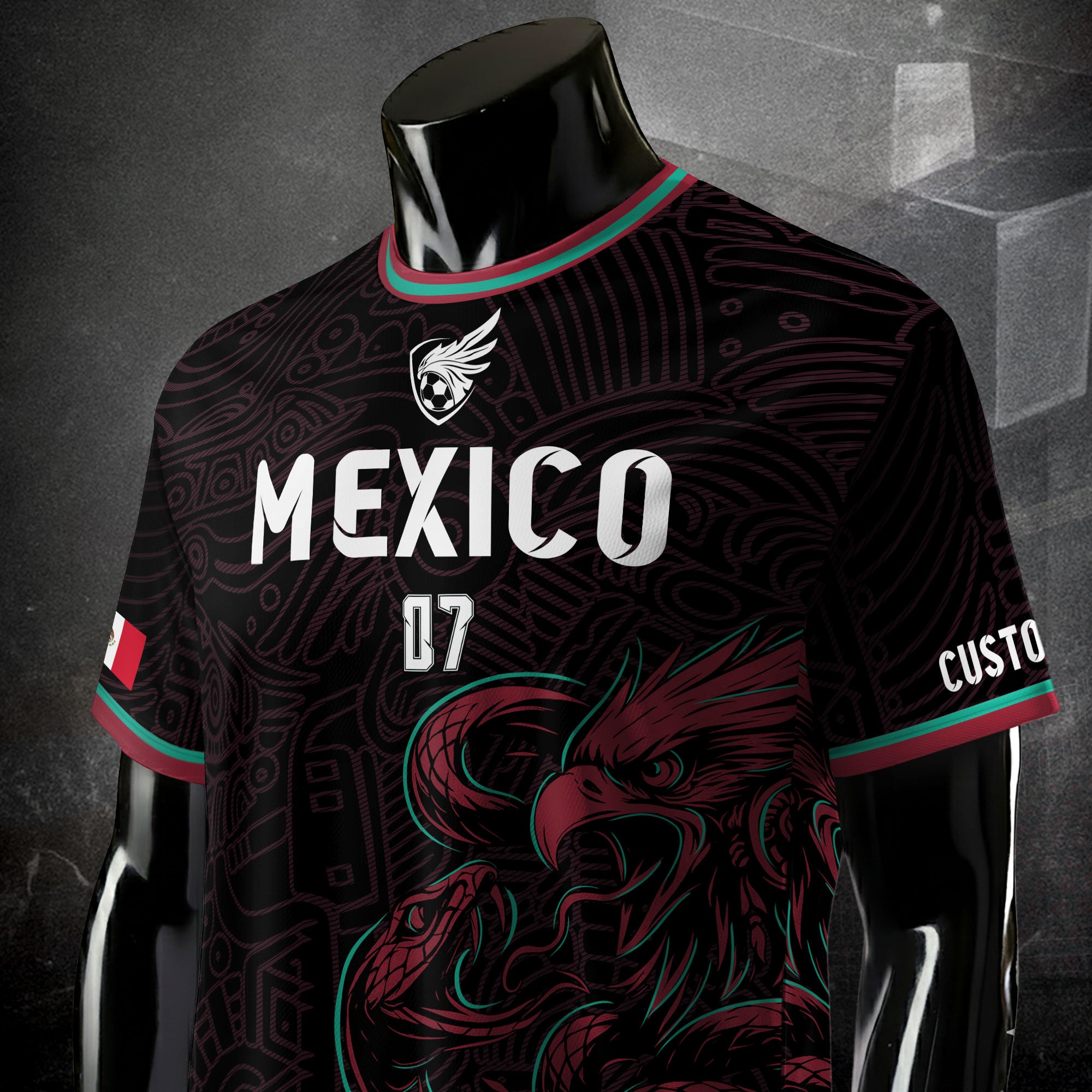 Custom Mexico Black Aztec Eagle Serpent Design Soccer Jersey