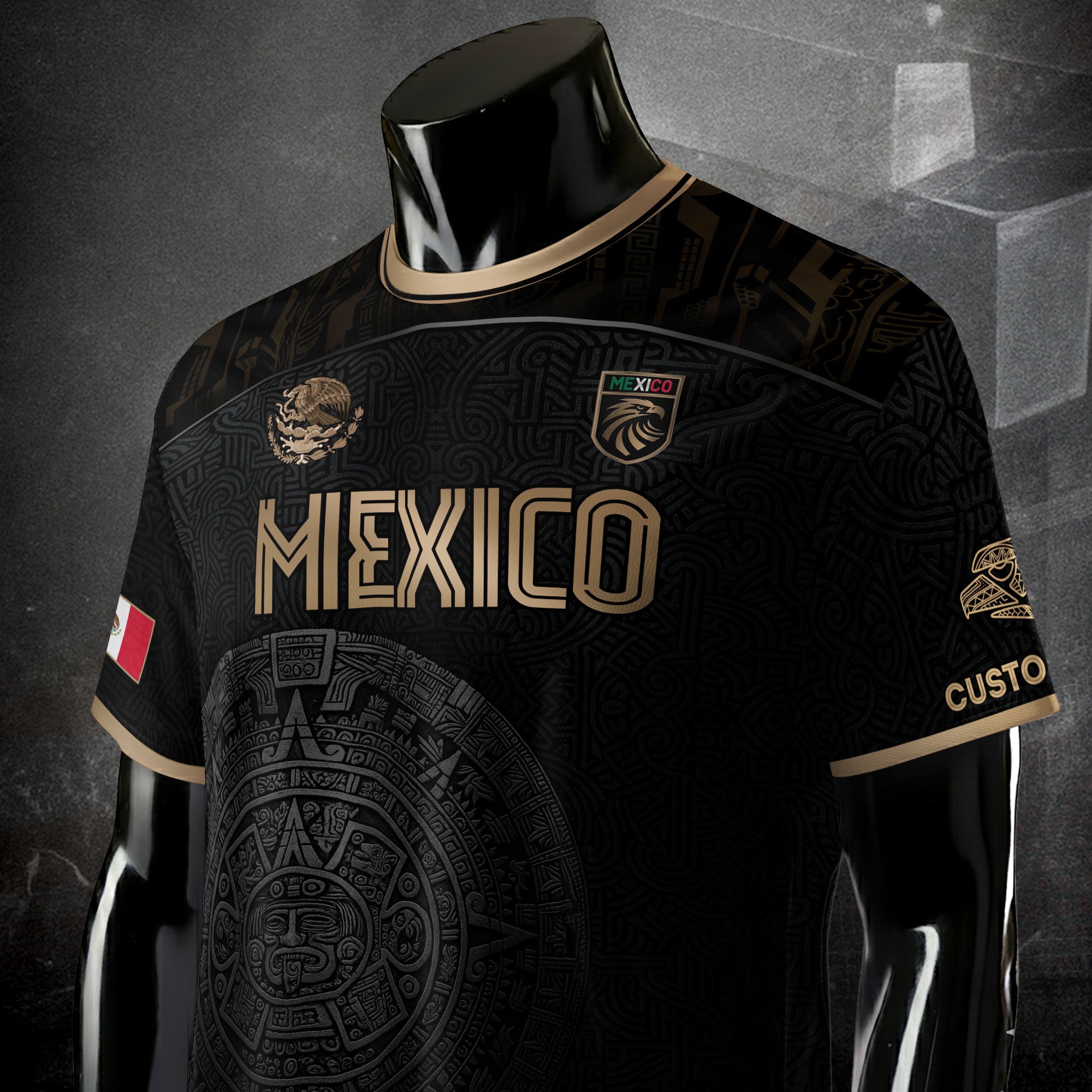 Custom Mexico Black Aztec Calendar Gold Edition Soccer Jersey