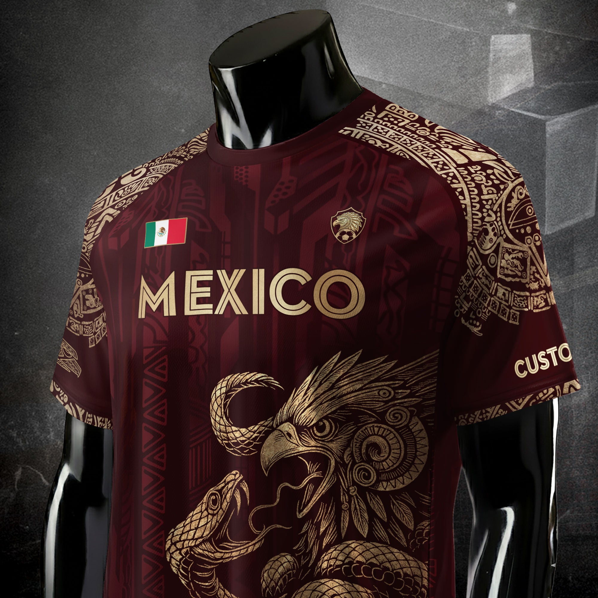 Custom Mexico Burgundy Eagle and Serpent Gold Soccer Jersey