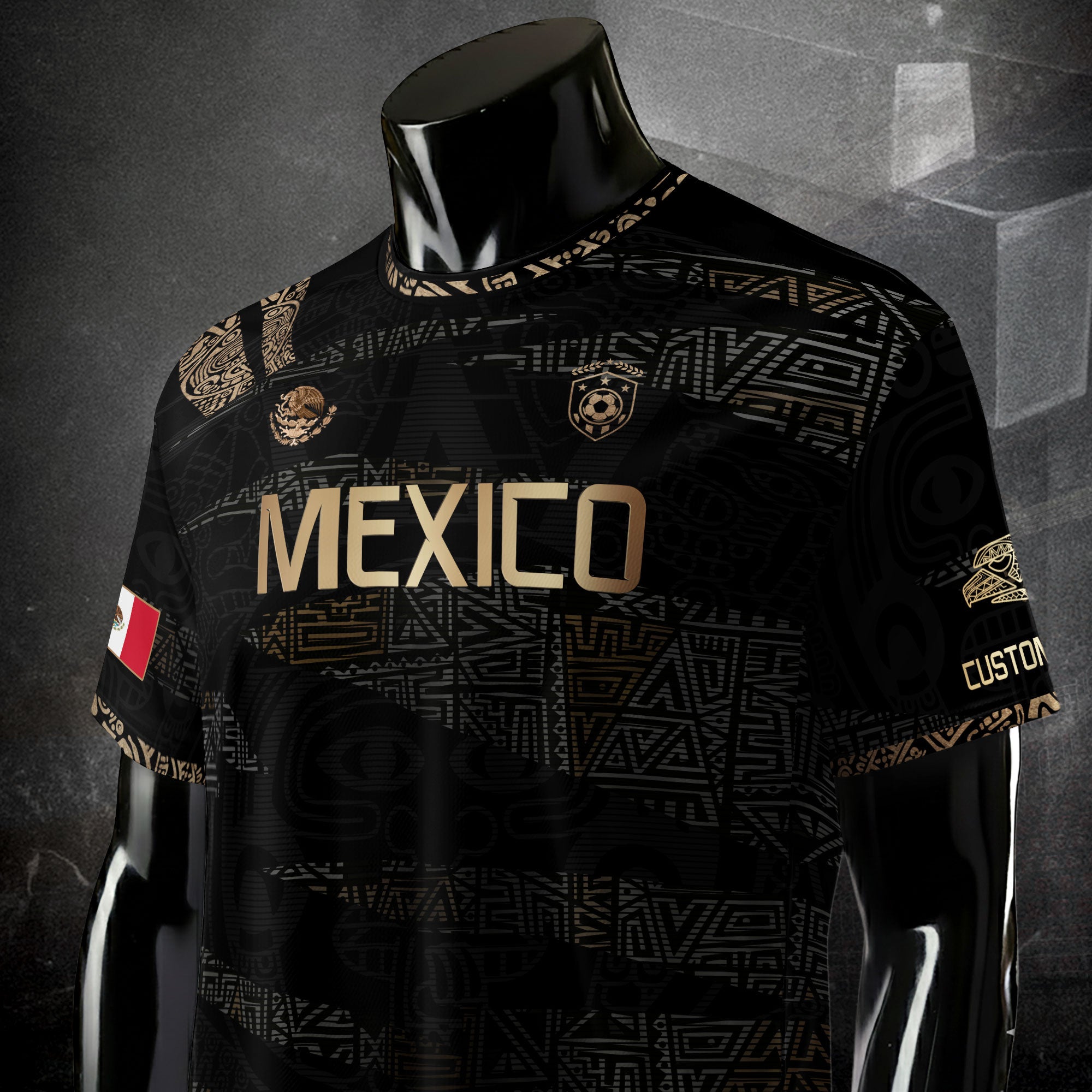 Custom Mexico Soccer Jersey Black Gold Aztec Design