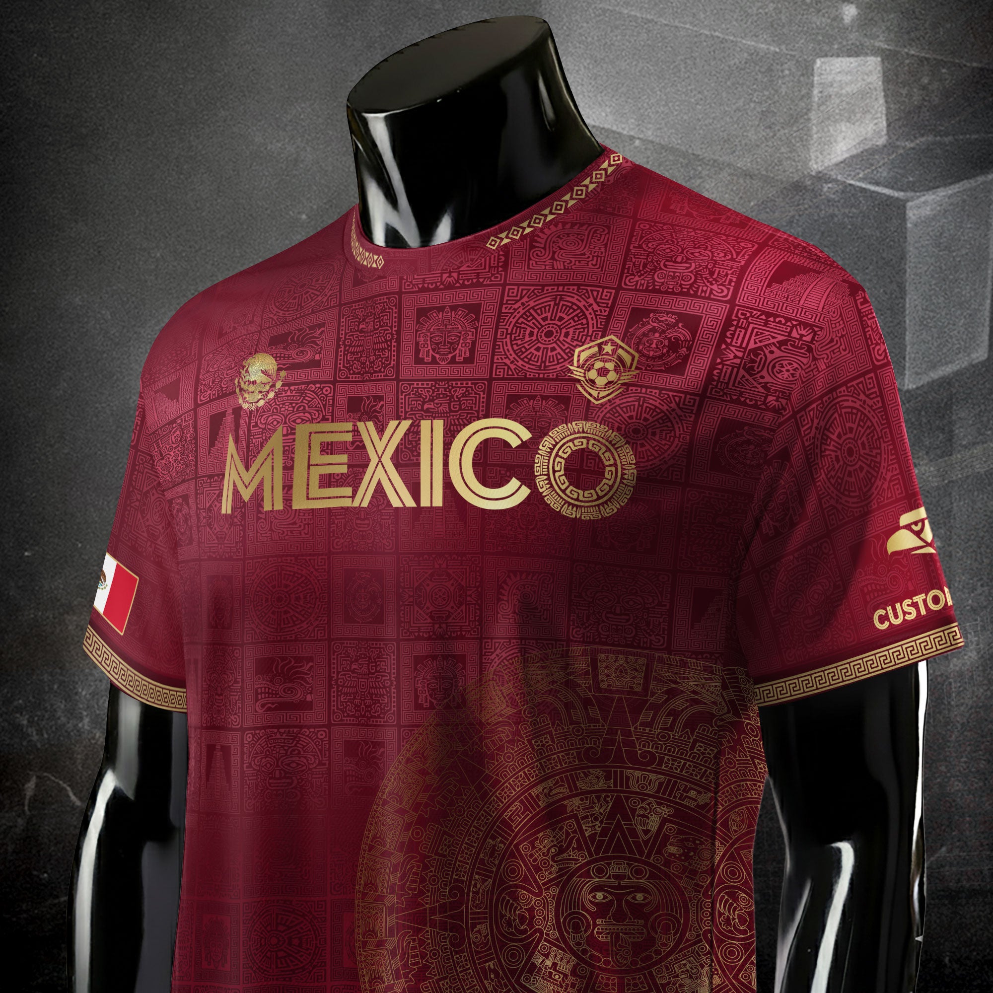 Custom Mexico Maroon Golden Aztec Calendar Soccer Jersey