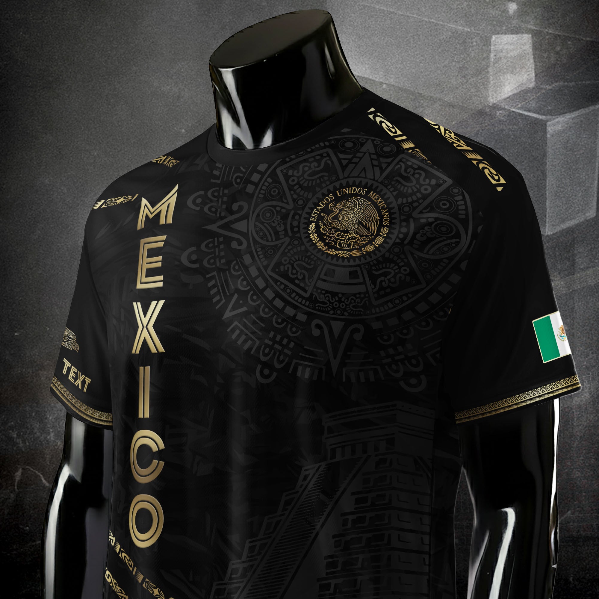 Custom Mexico Black Gold Aztec Calendar Pyramid Design Soccer Jersey