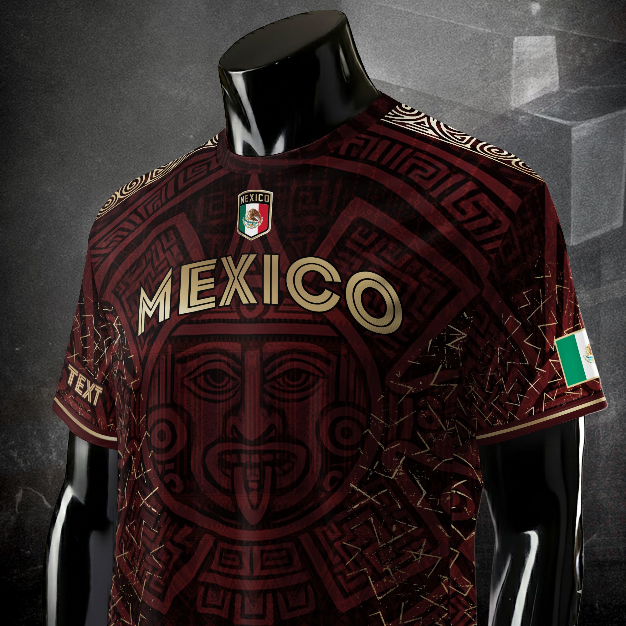 Custom Soccer Jersey Mexico Burgundy Gold Aztec Sun Design