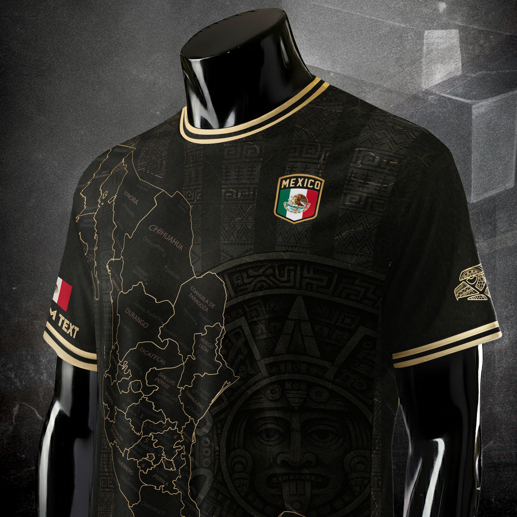 Custom Mexico Black Gold Map Aztec Sun Design Soccer Jersey