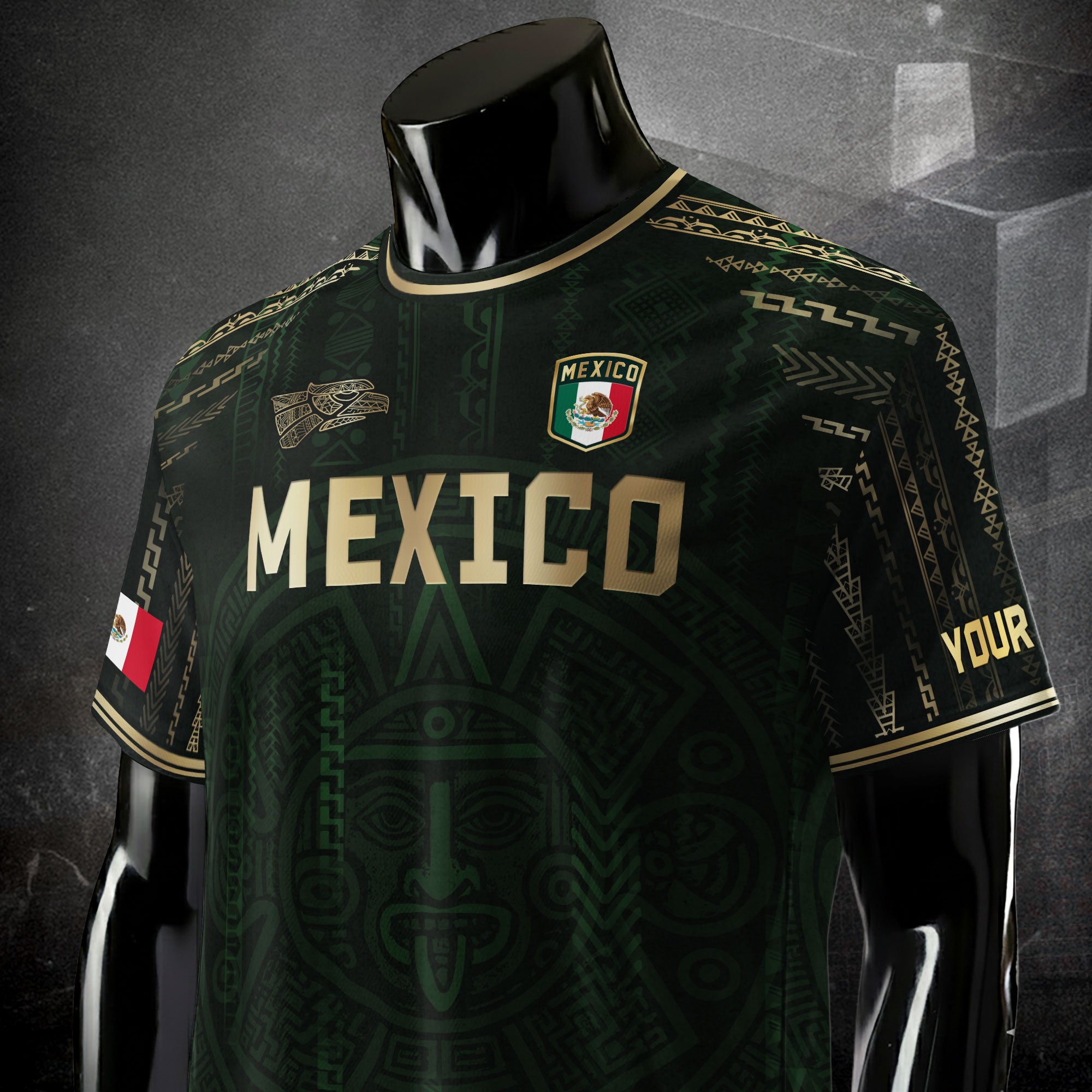 Custom Mexico Dark Green Gold Aztec Sun Design Soccer Jersey