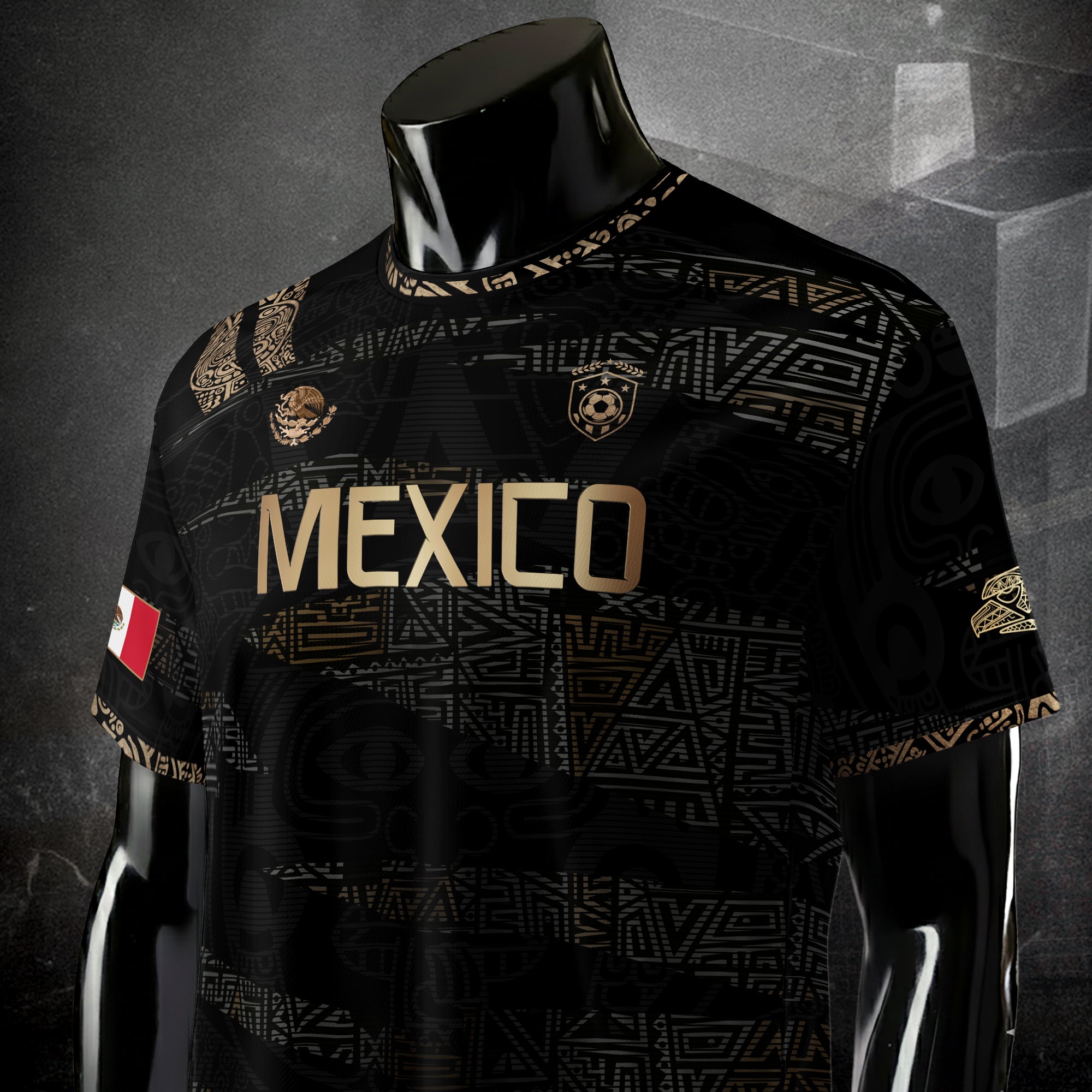 Mexico Black Gold Aztec Heritage Soccer Jersey with Eagle Crest Design
