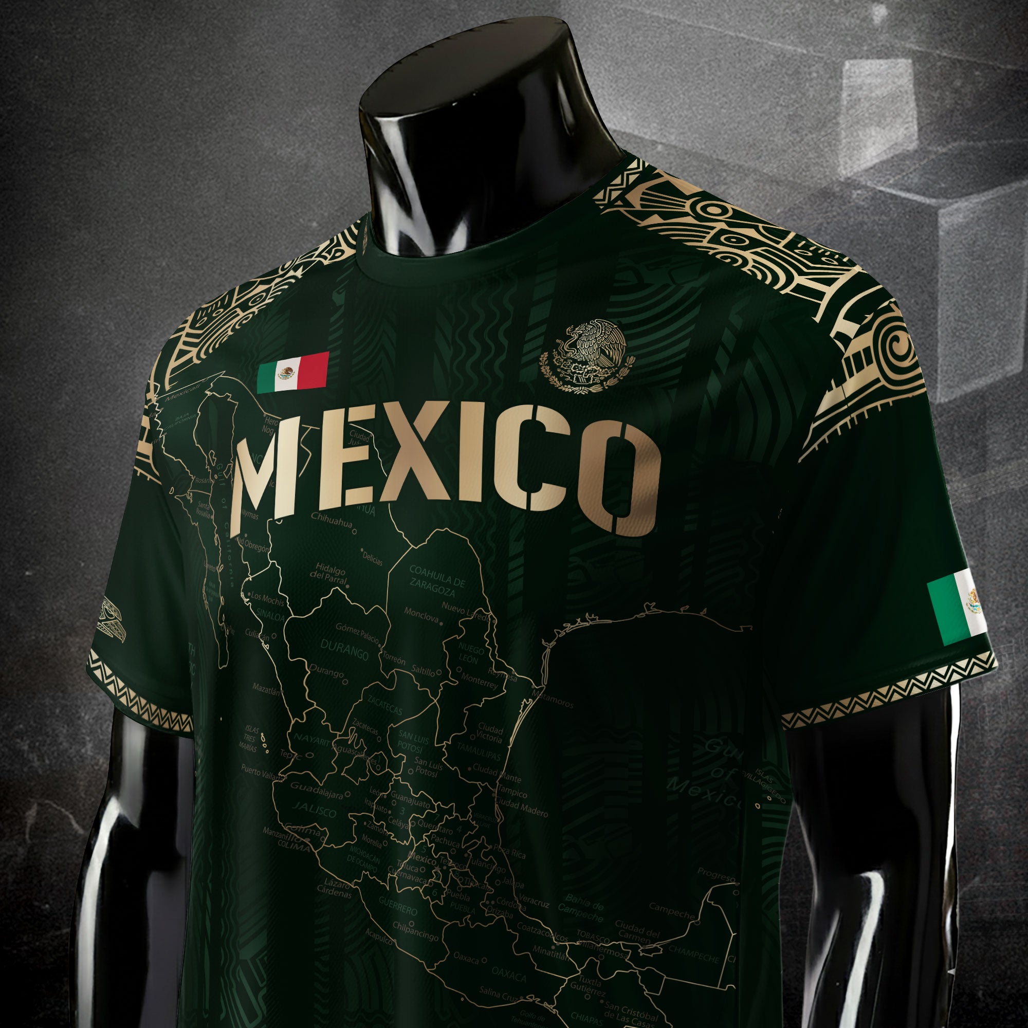 Mexico Soccer Jersey Green Heritage Map Golden Aztec Details