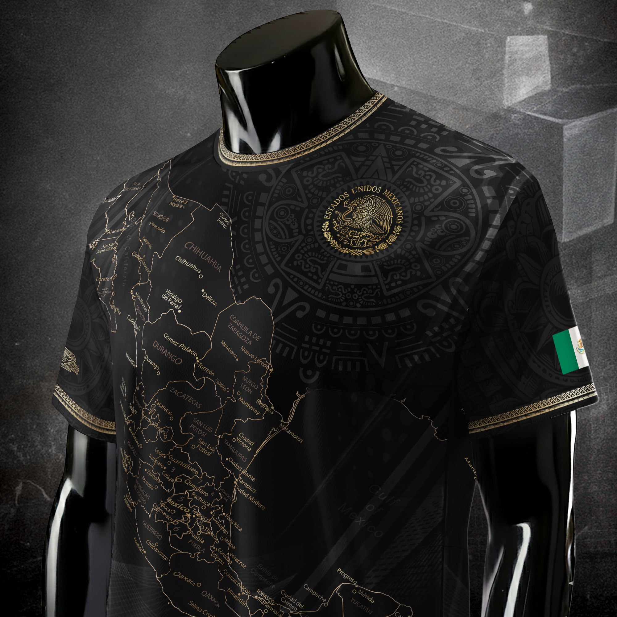 Mexico Soccer Jersey Black Aztec Sunstone Heritage Map Design