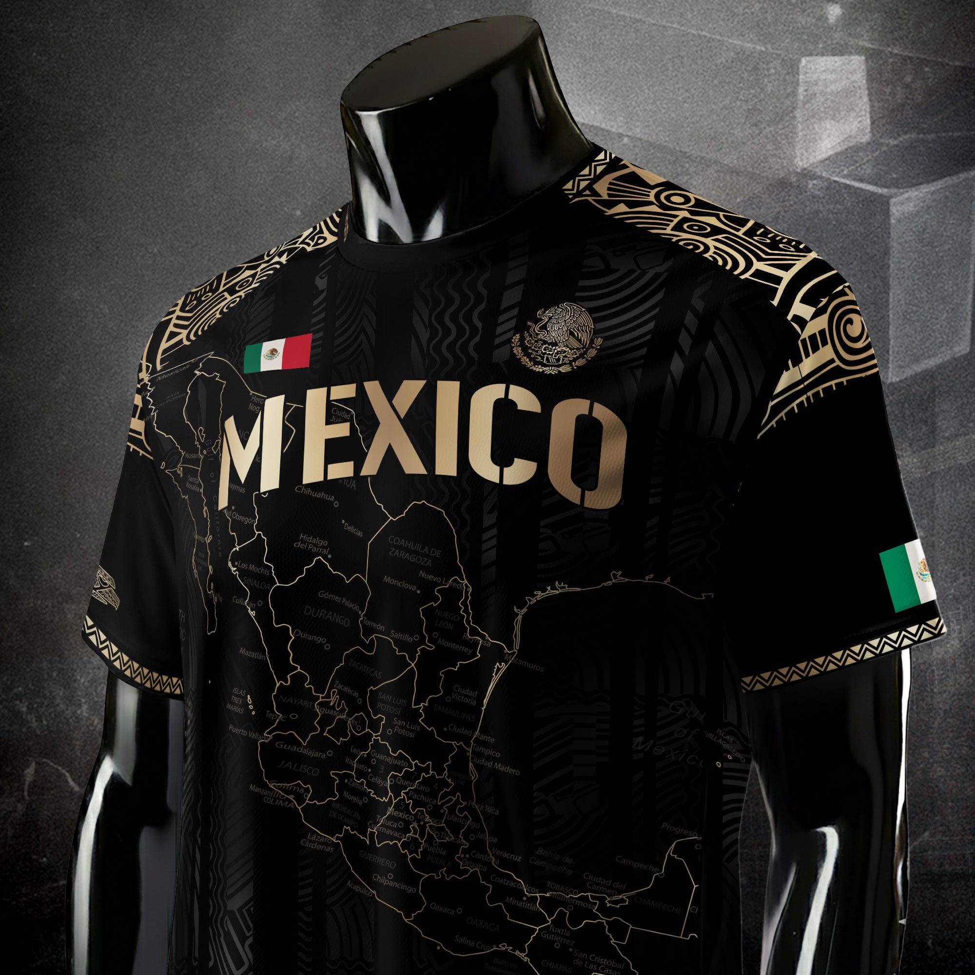 Mexico Black Heritage Map Soccer Jersey with Golden Aztec Details