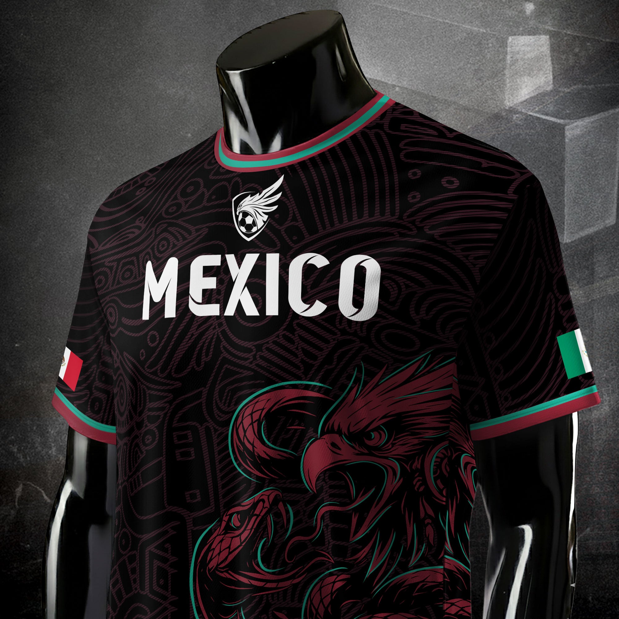 Mexico Black Red Aztec Eagle And Serpent Soccer Jersey