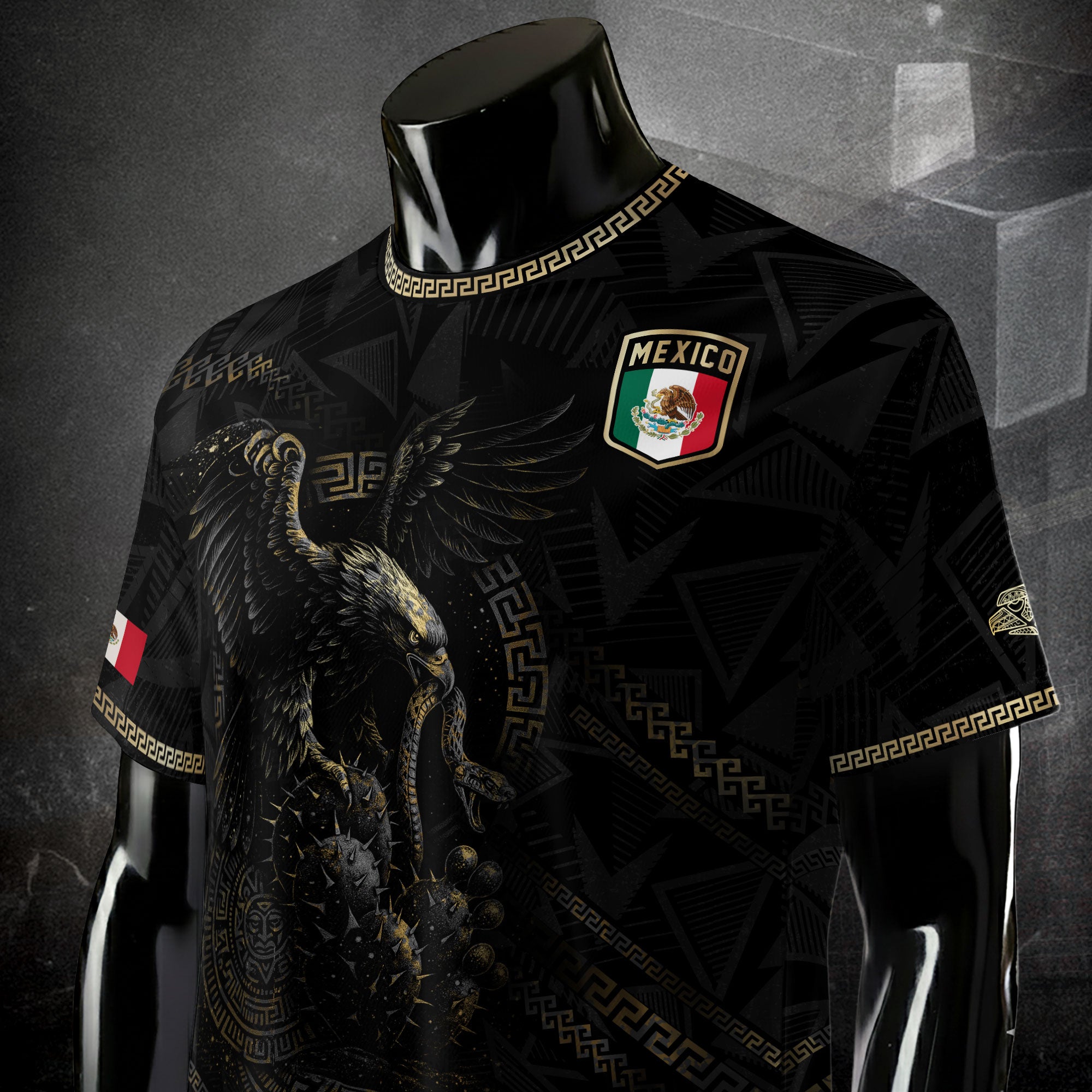 Mexico Soccer Jersey Black Aztec Eagle and Serpent Design