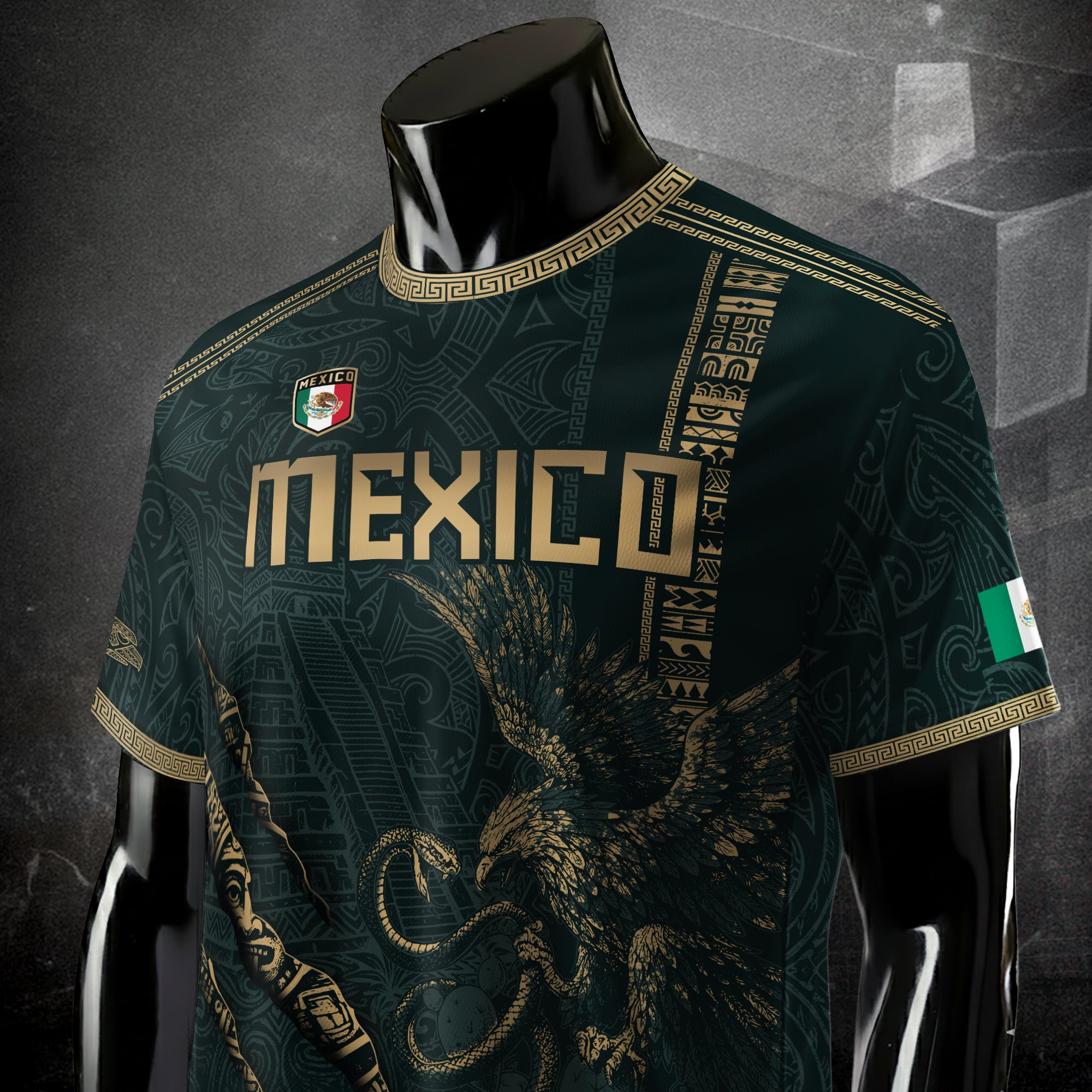 Mexico Soccer Jersey Dark Green Aztec Eagle and Warrior Claw Design