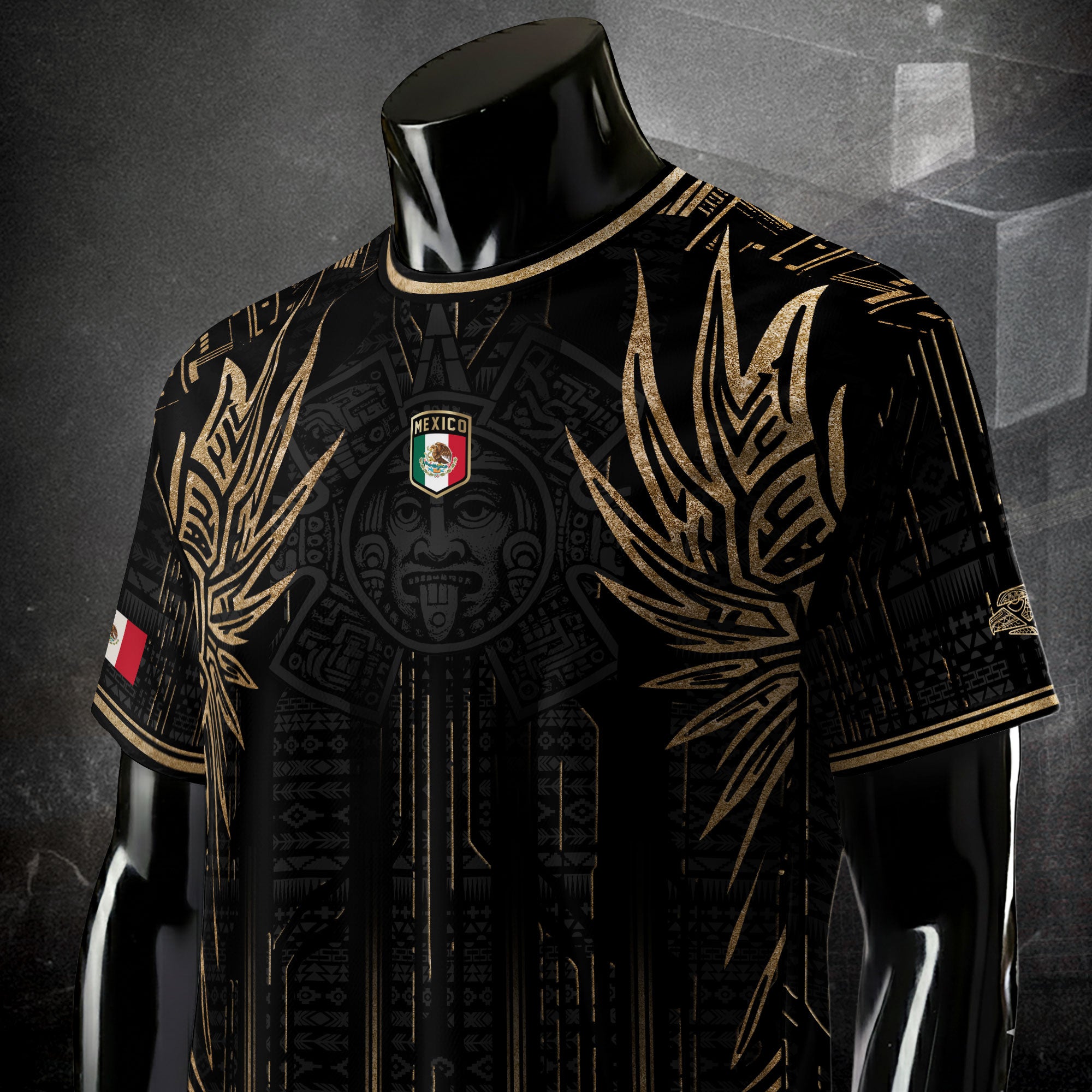 Mexico Soccer Jersey Black Aztec Warrior Gold Feather Design