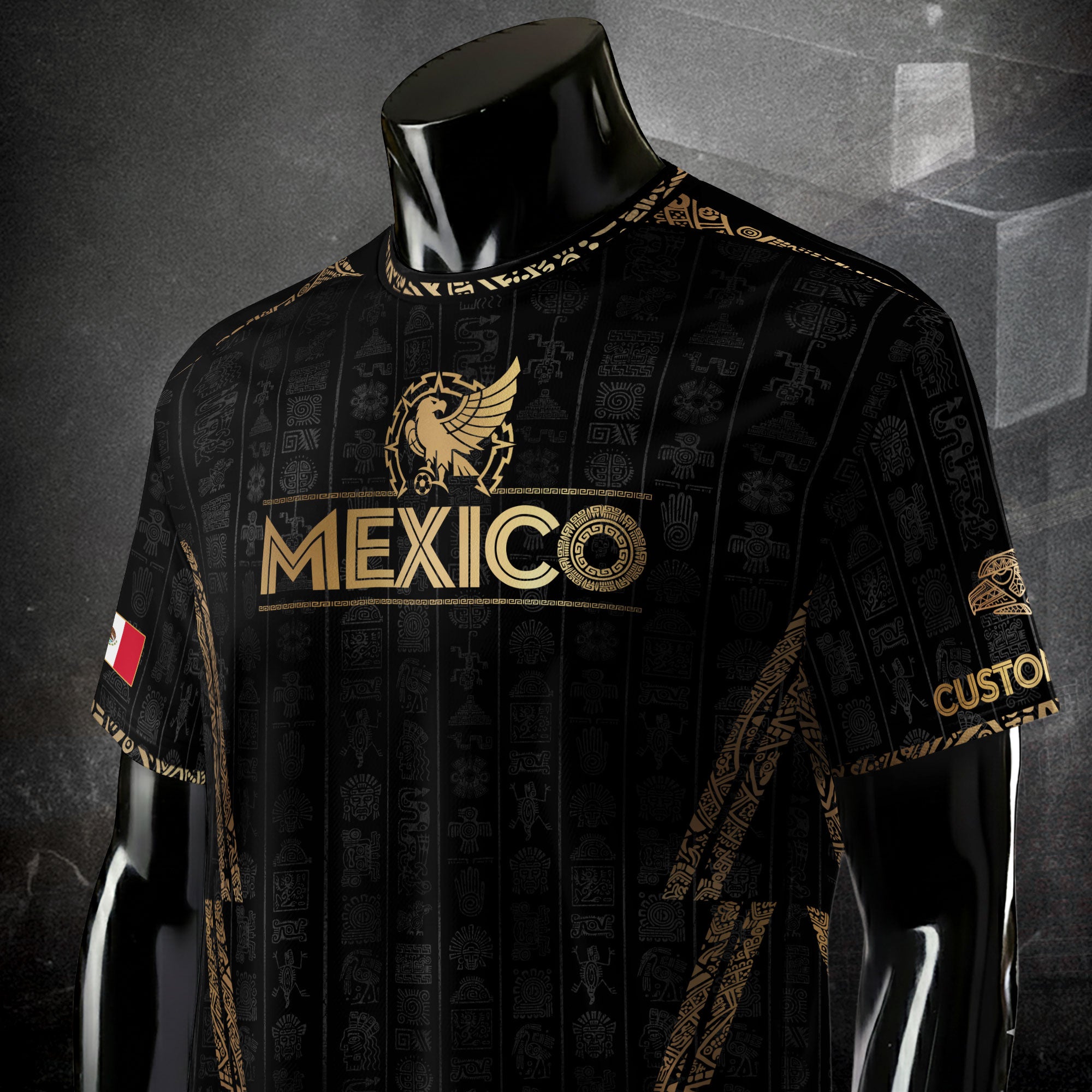Custom Mexico Black Gold Soccer Jersey with Aztec Eagle Design