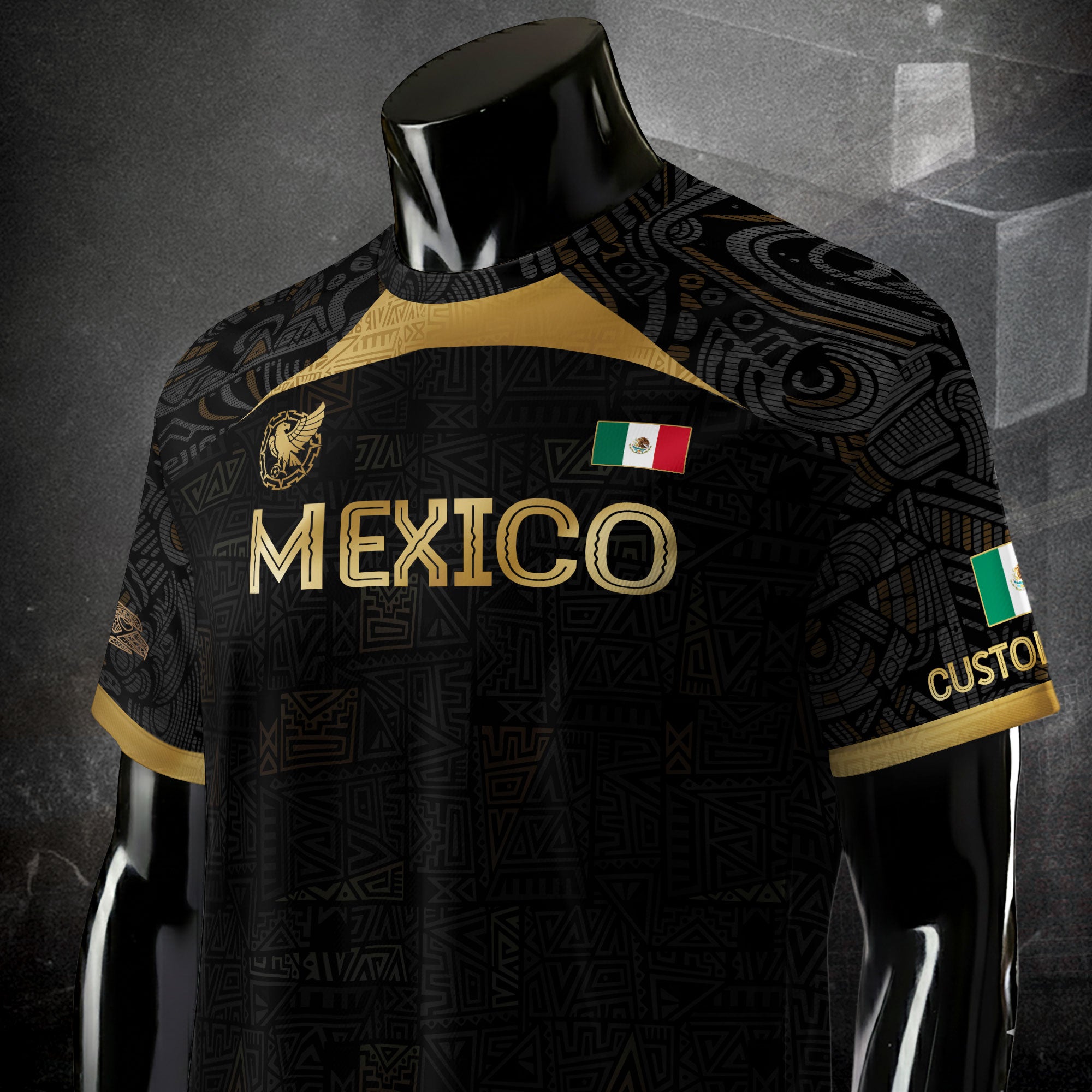 Custom Mexico Black Gold Soccer Jersey with Aztec Warrior Pattern