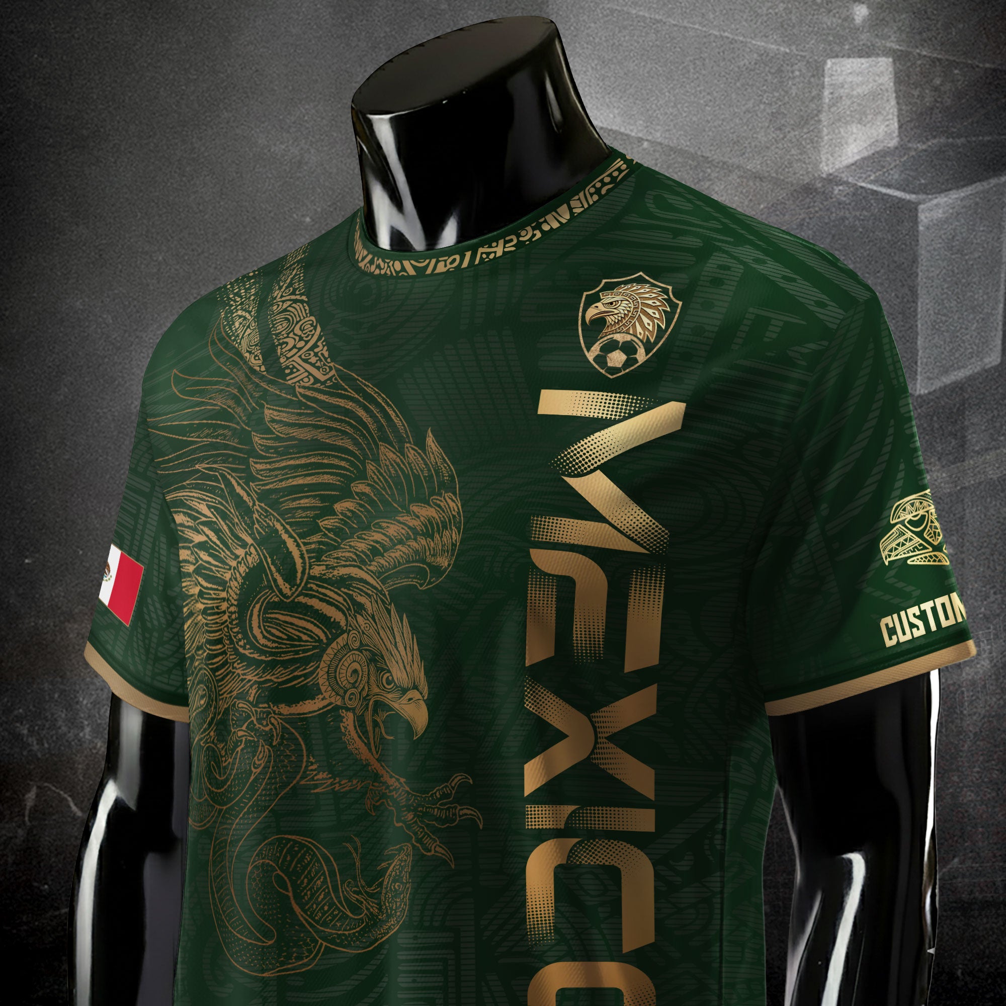 Custom Mexico Green Gold Soccer Jersey with Aztec Eagle Serpent Design