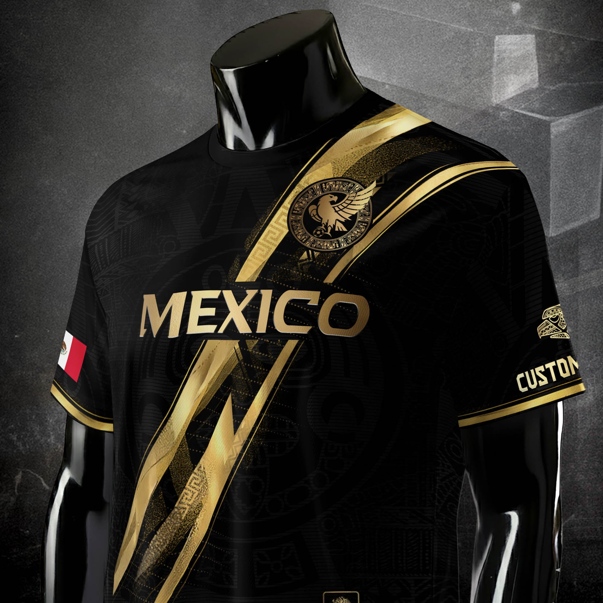 Custom Mexico Black Gold Soccer Jersey with Aztec Eagle Serpent Design