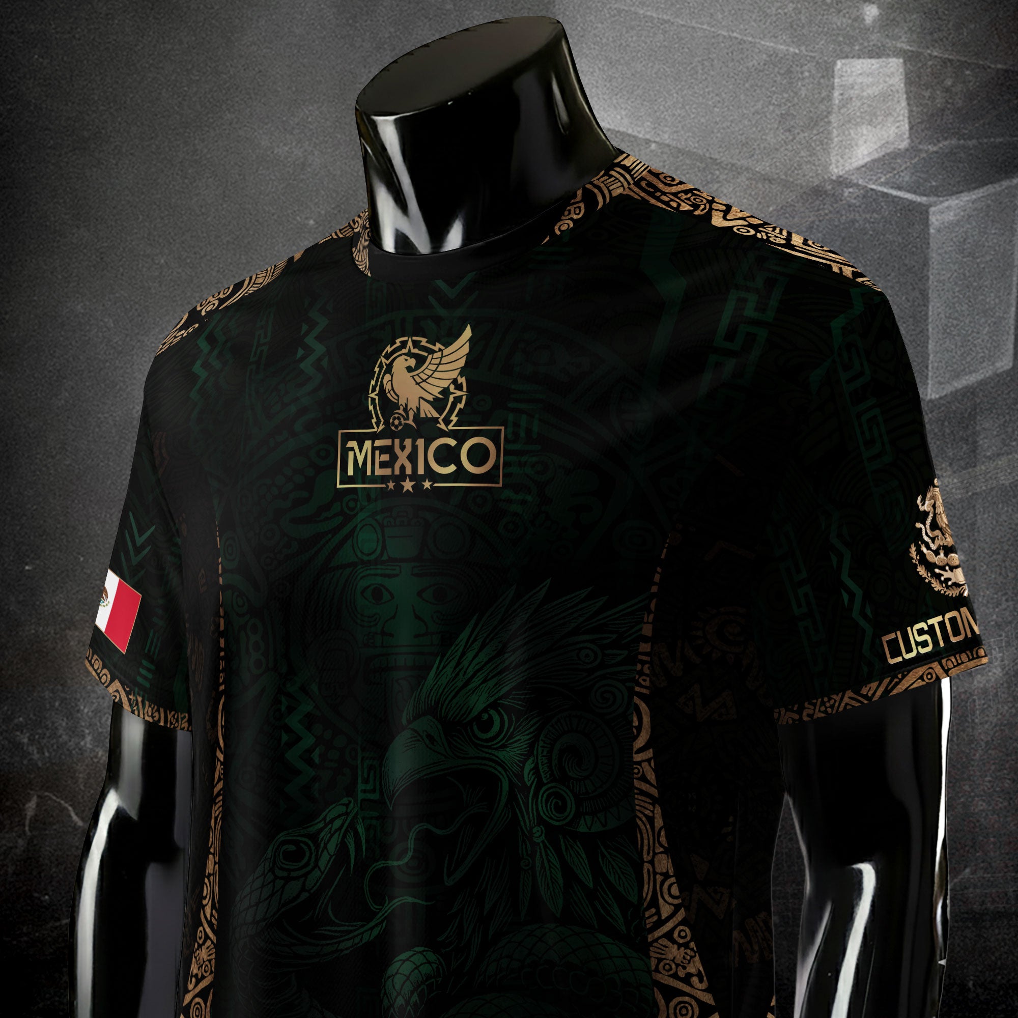 Custom Mexico Green Gold Soccer Jersey with Aztec Eagle Warrior Design