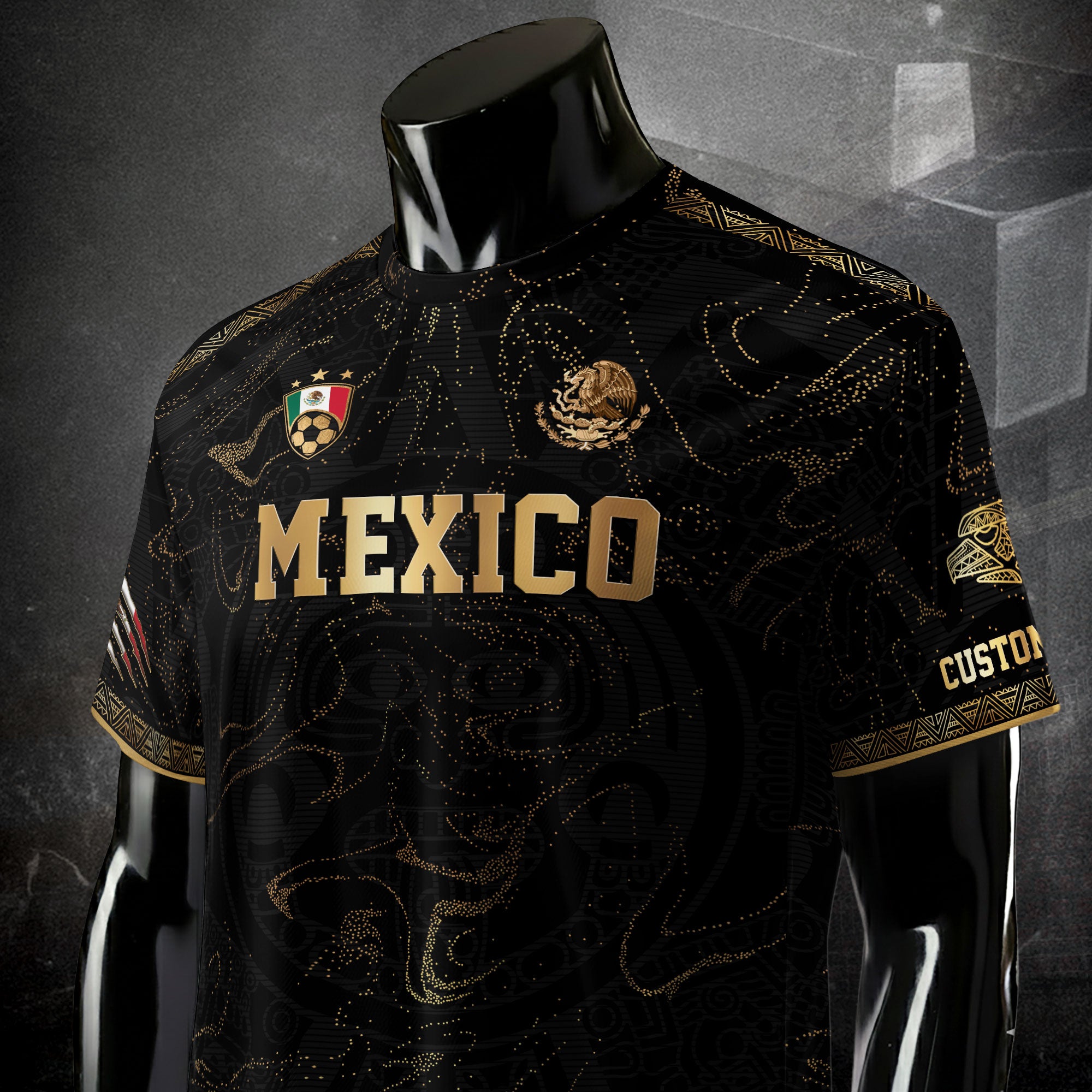 Custom Mexico Black Gold Soccer Jersey with Heritage Map and Aztec Pattern