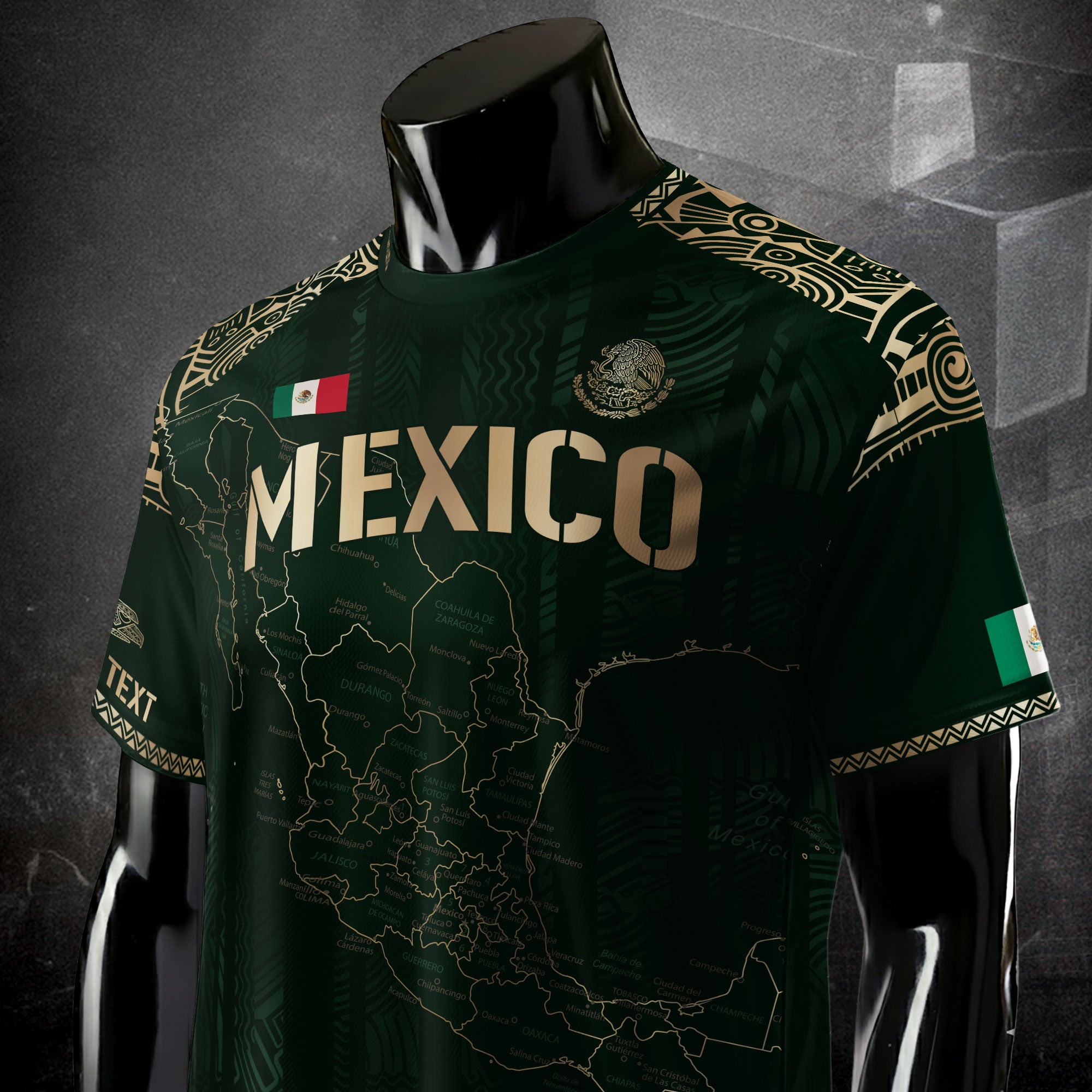 Custom Mexico Green Gold Map Aztec Heritage Soccer Jersey