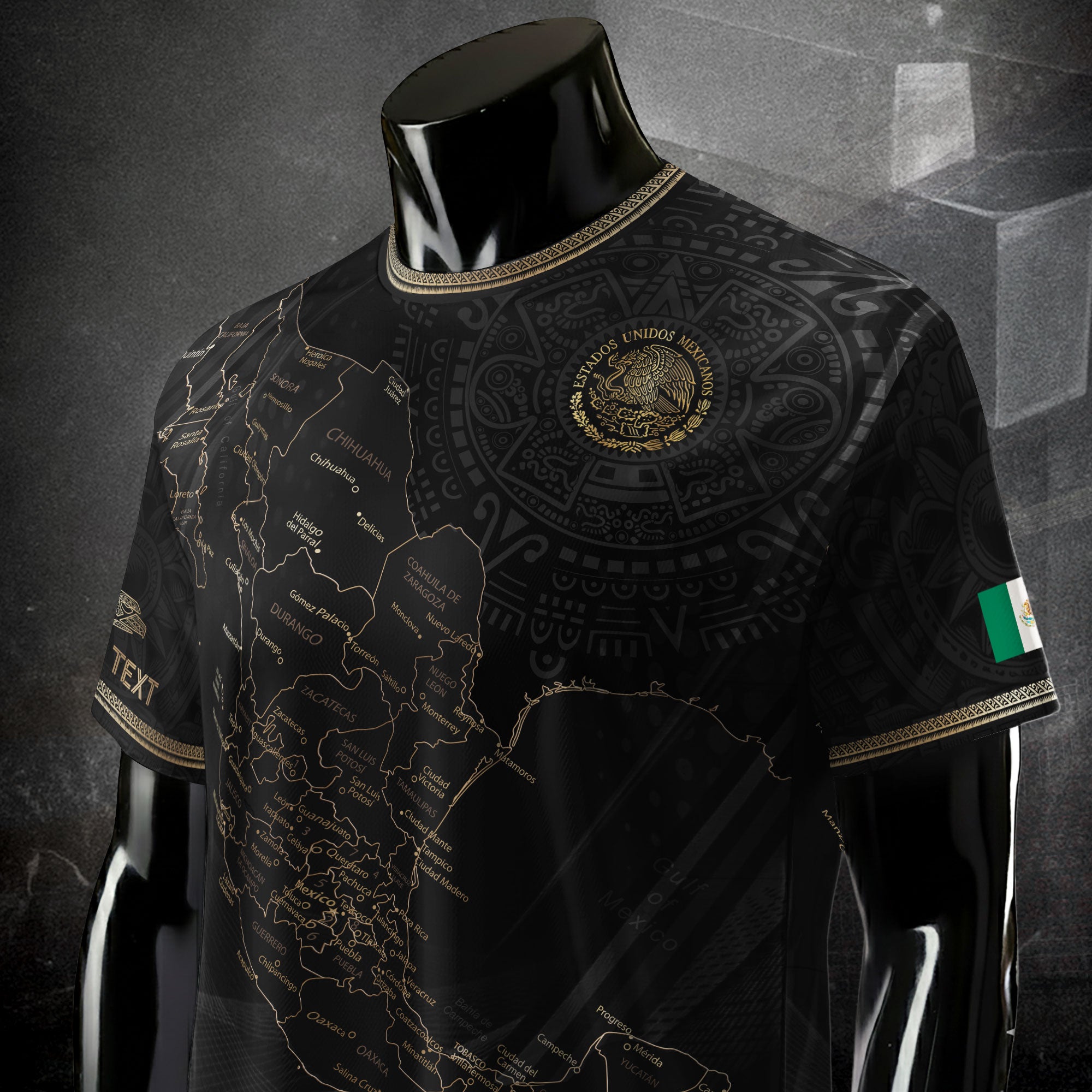 Custom Mexico Black Gold Map Aztec Eagle Heritage Soccer Jersey