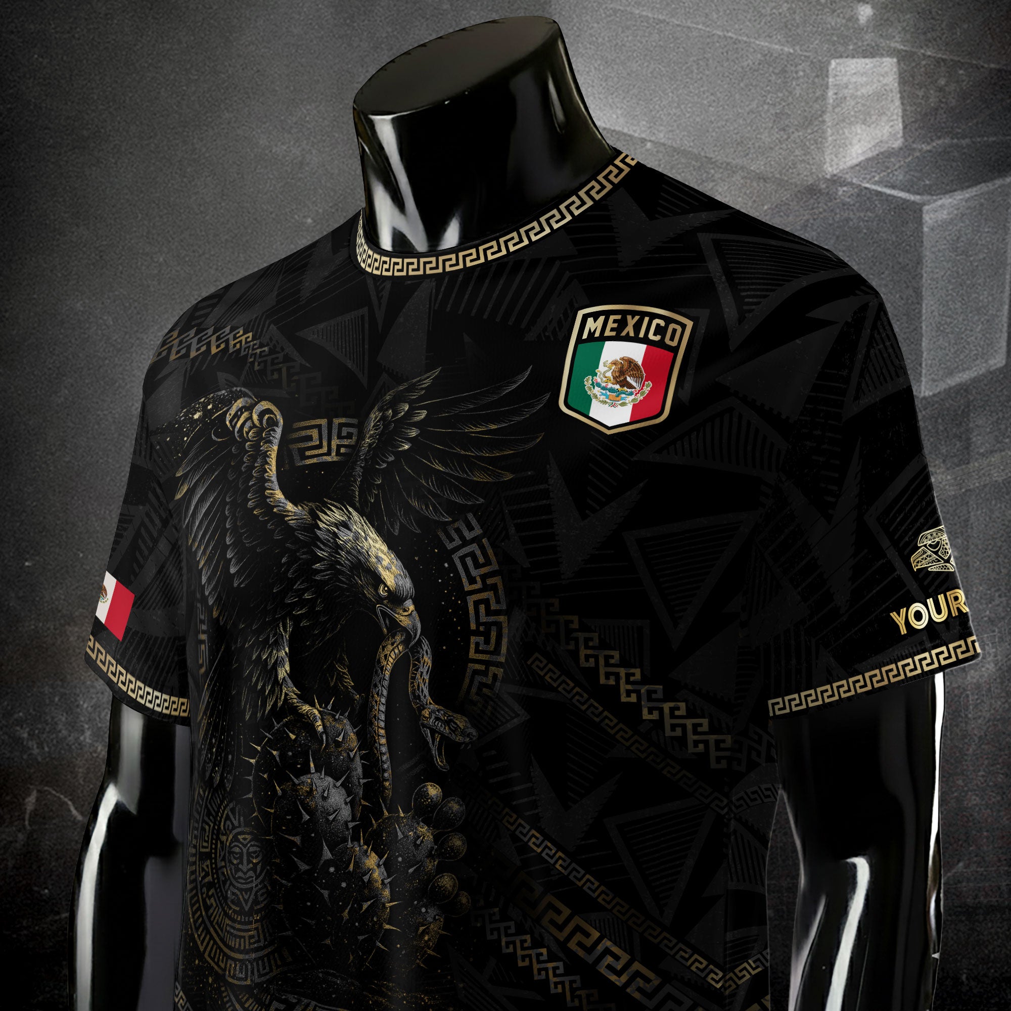 Custom Mexico Black Gold Eagle and Serpent Aztec Heritage Soccer Jersey