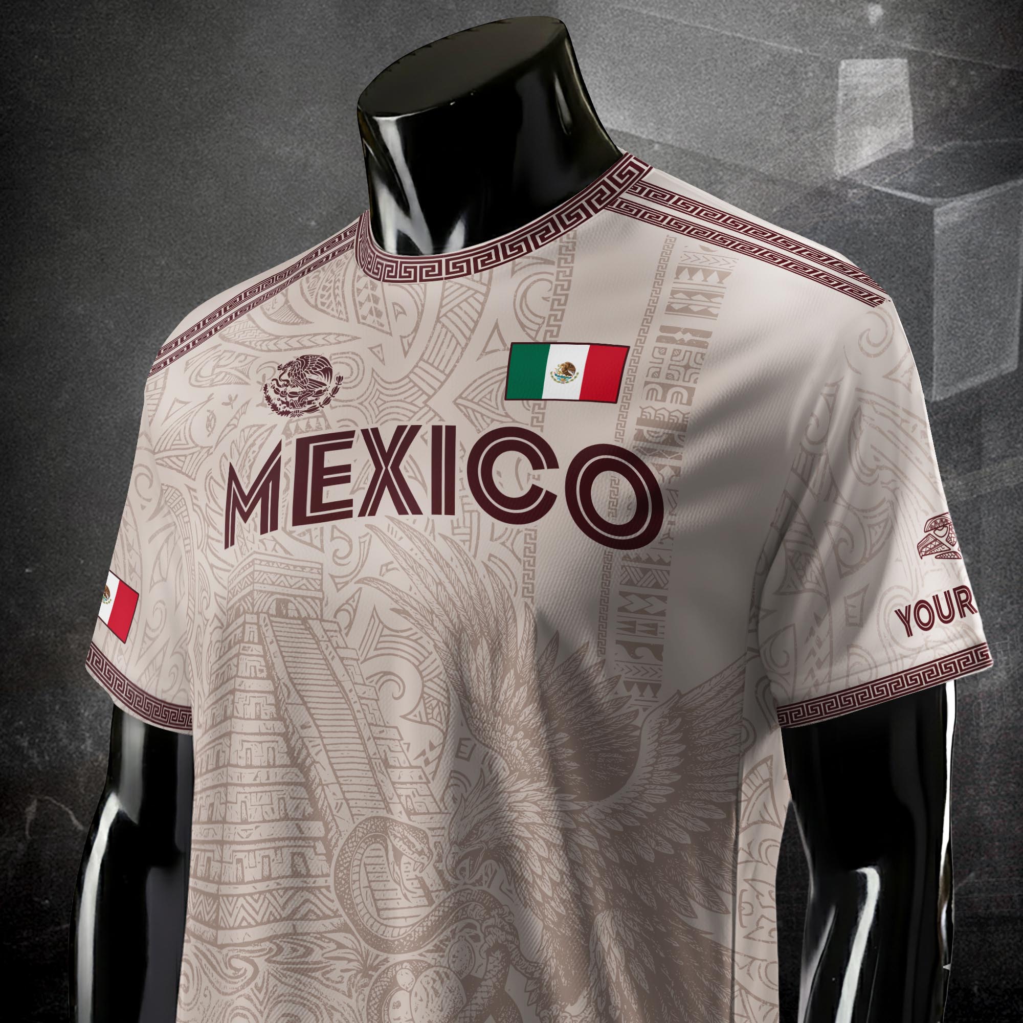 Custom Mexico Beige Aztec Eagle Pyramid Heritage Soccer Jersey