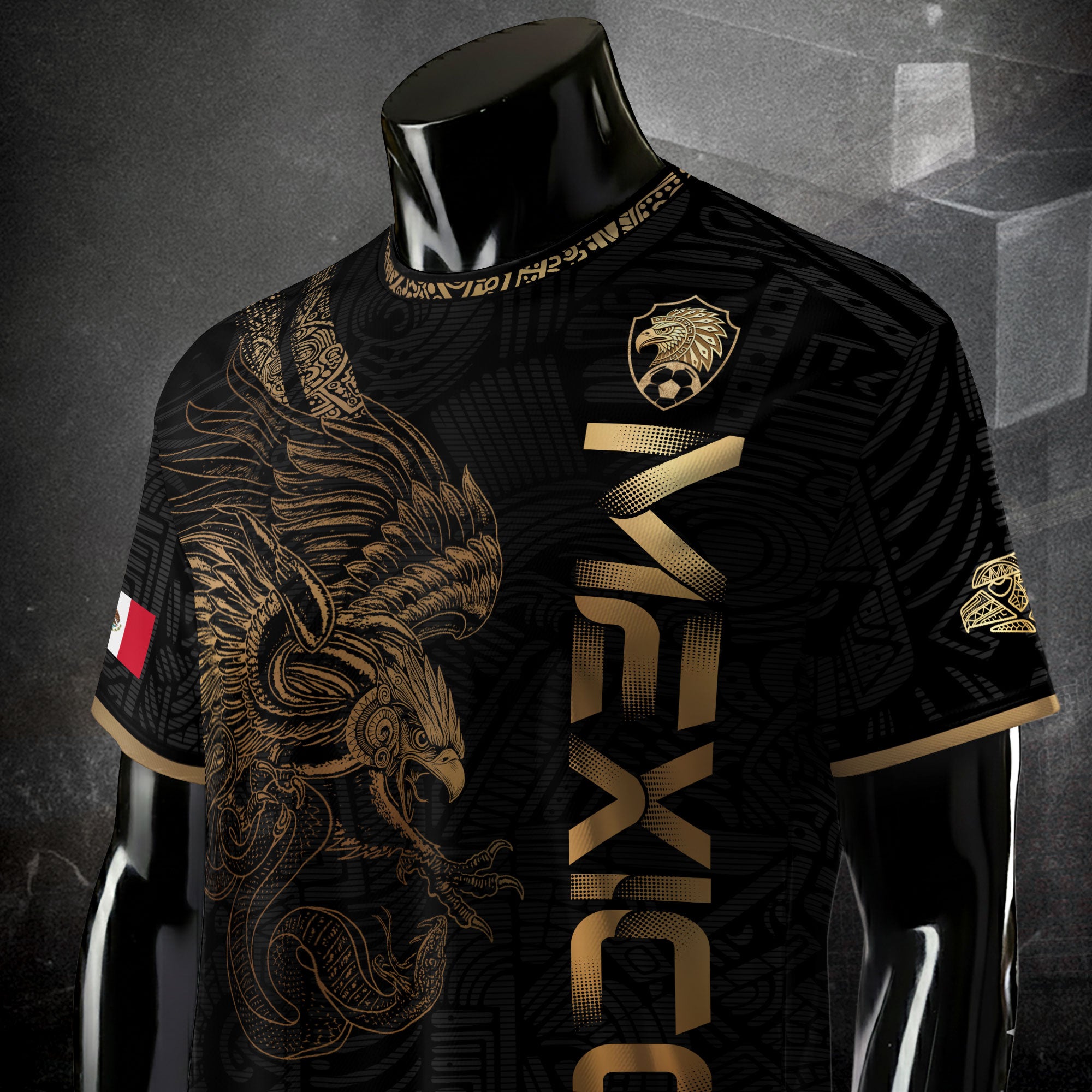 Camiseta de fútbol de la herencia del guerrero azteca del águila dorada negra de México